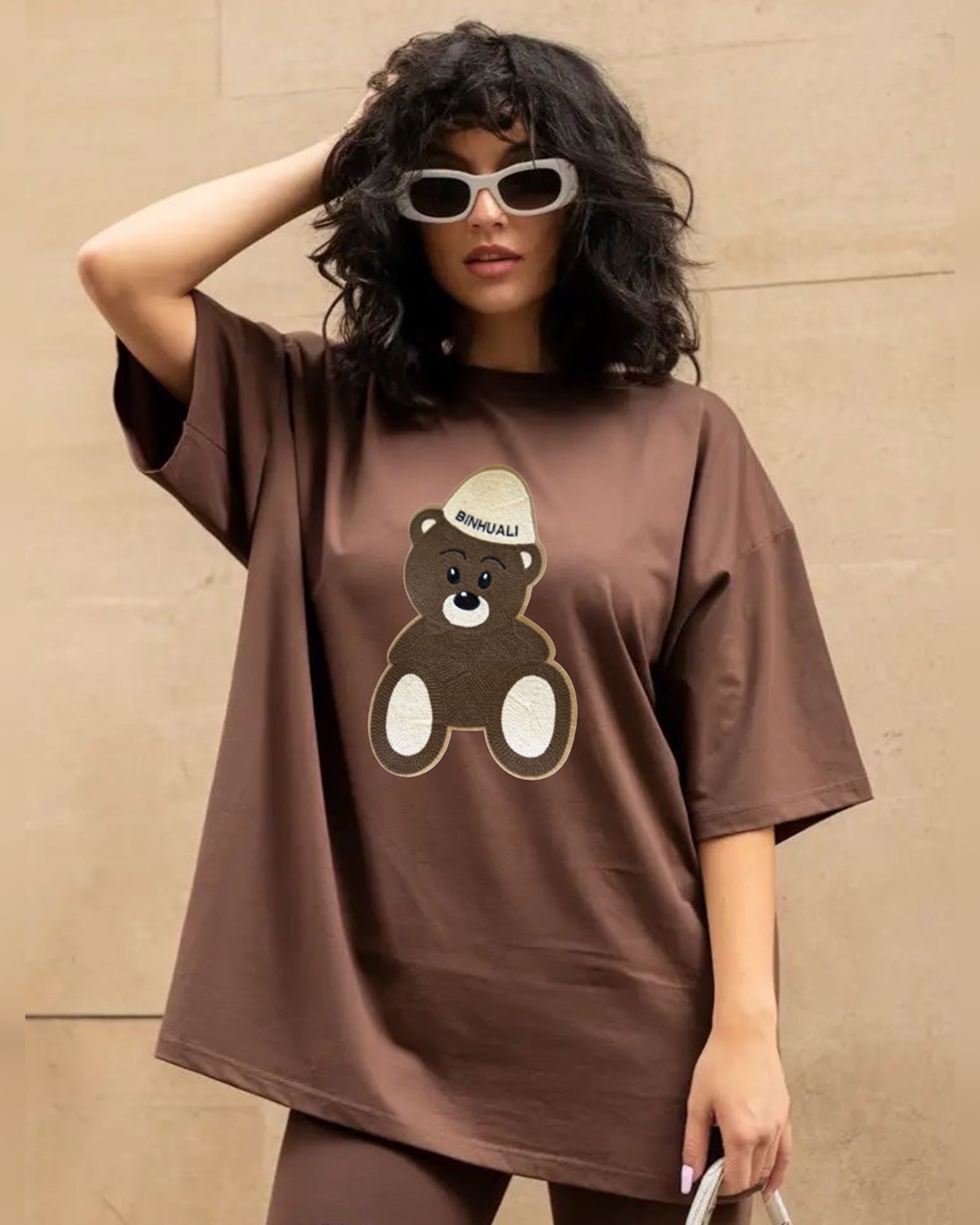 Binhuali Bear Embroidered Patched Drop Shoulder Oversized Tee Brownie