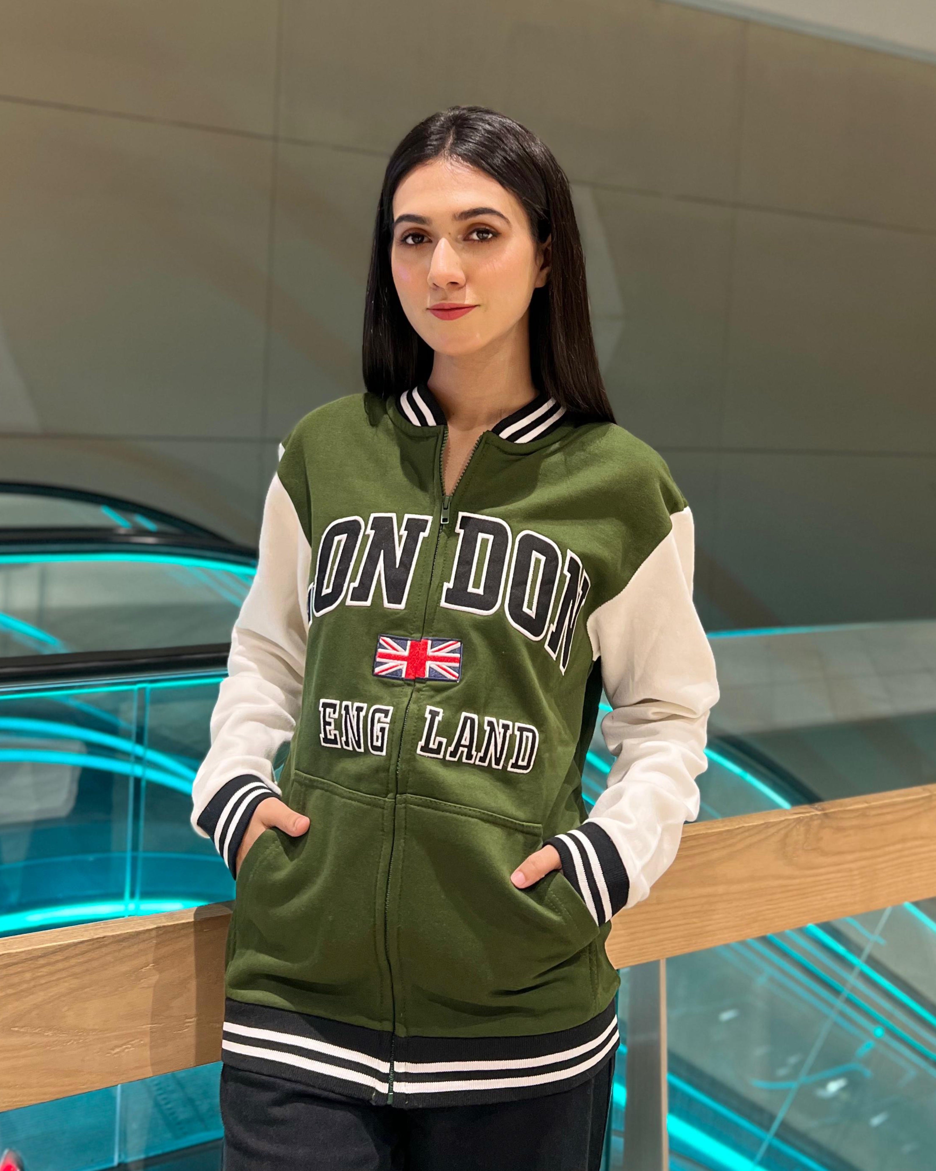 London Embroidered Zipper Baseball Jacket Green