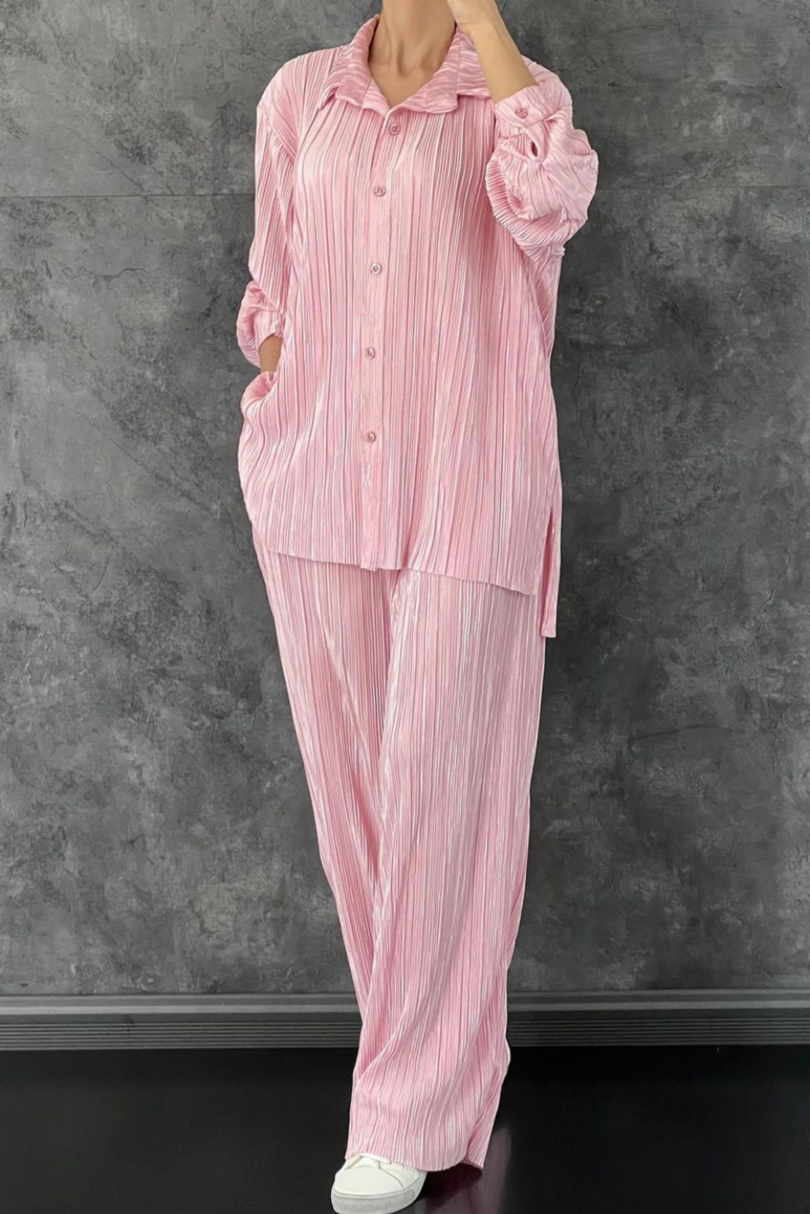 Button Up Solid Plisse Pleated Two-piece Set Pink
