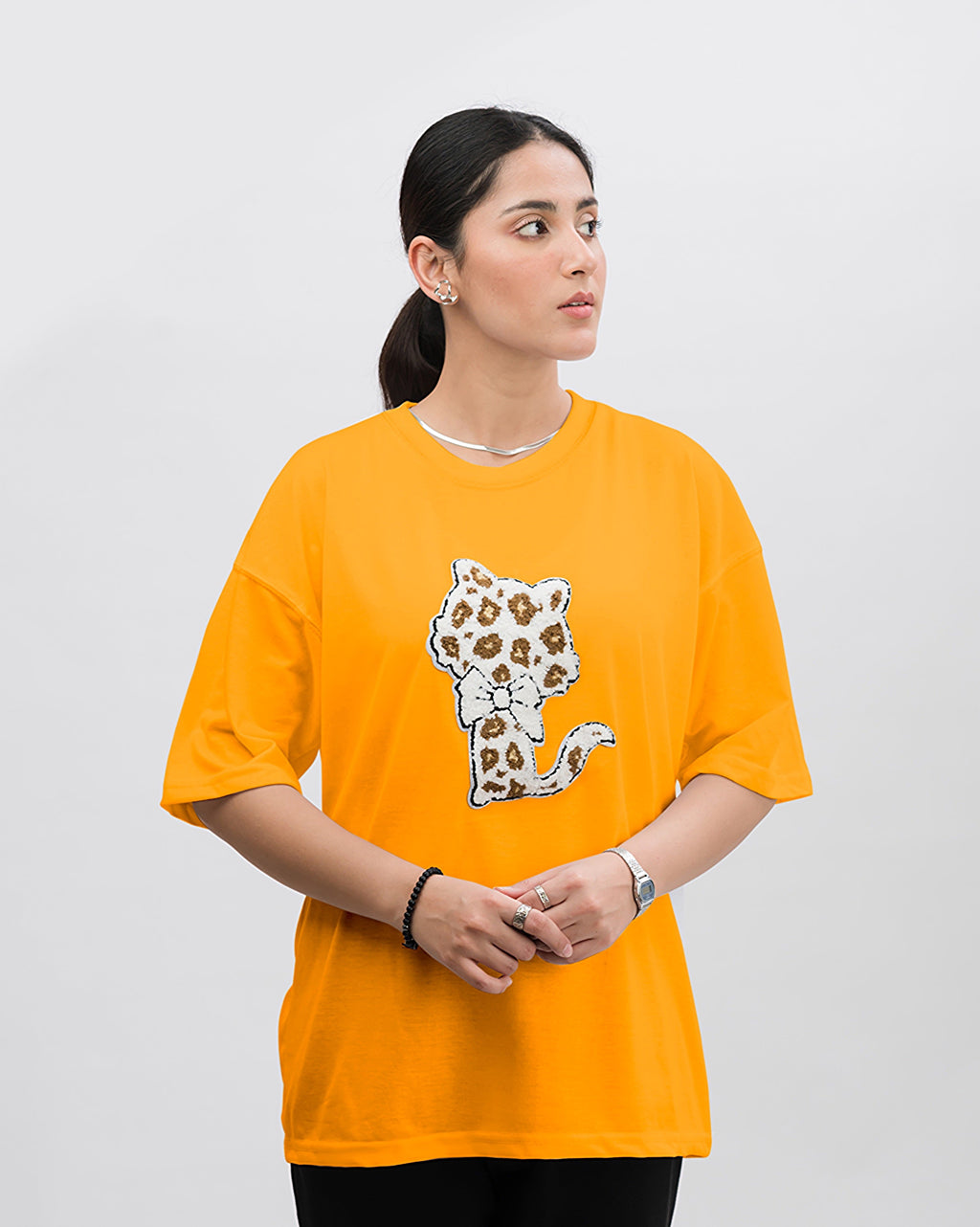 Kitty Embroidered Patched Drop Shoulder Oversized Tee Yellow