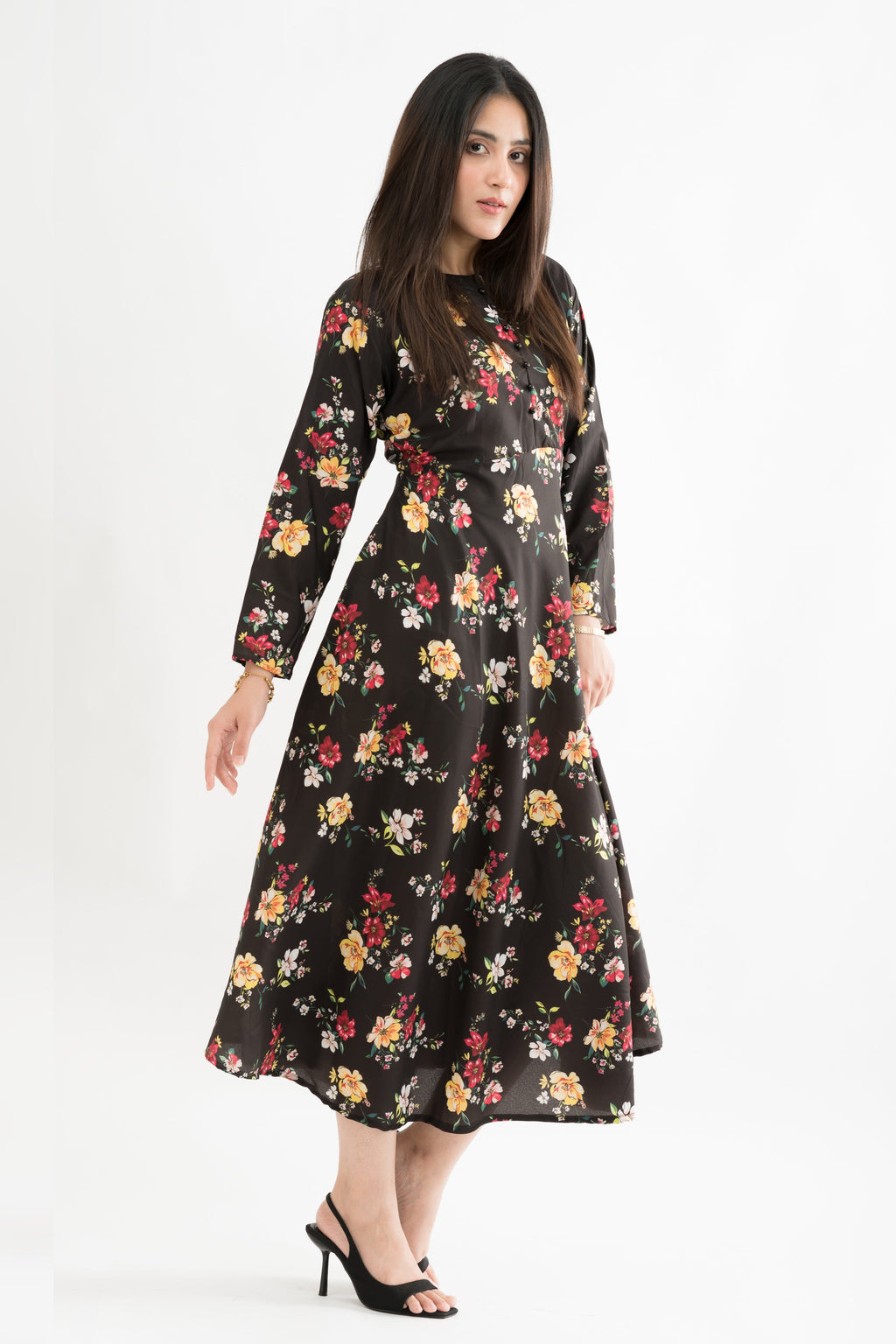 Midnight Blossom Floral Printed Lawn Maxi Dress
