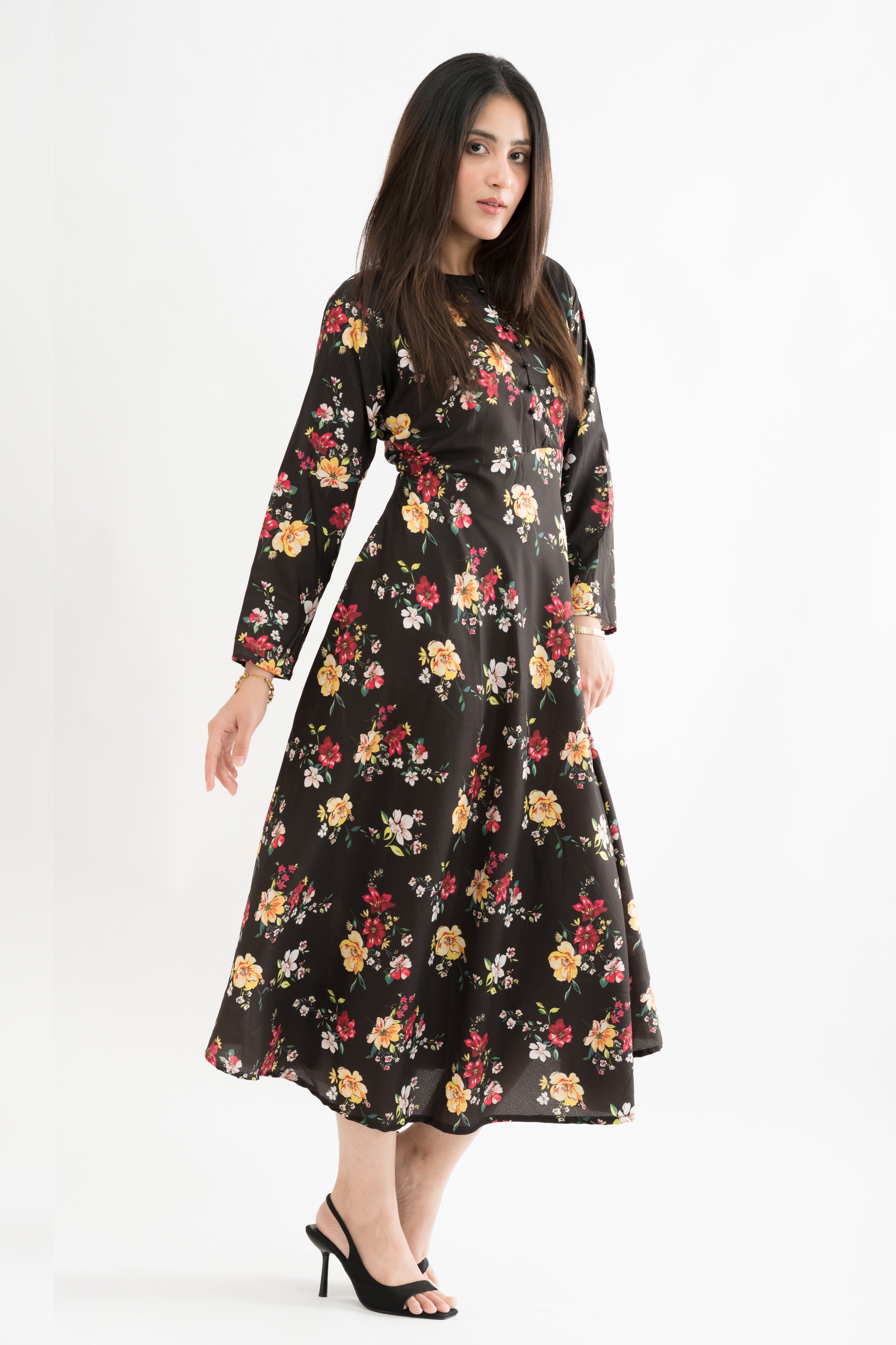 Midnight Blossom Floral Printed Lawn Maxi Dress