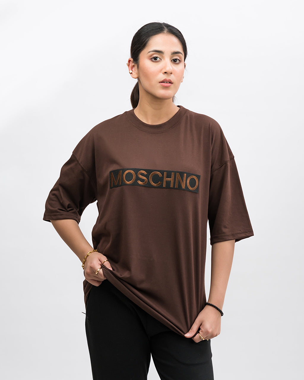 Moschino Embroidered Patched Drop Shoulder Oversized Tee Brownie
