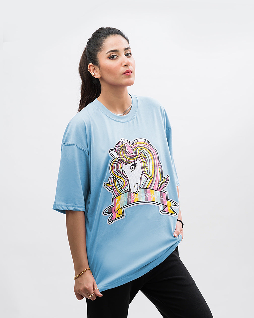 Unicorn Embroidered Patched Drop Shoulder Oversized Tee Sky Blue