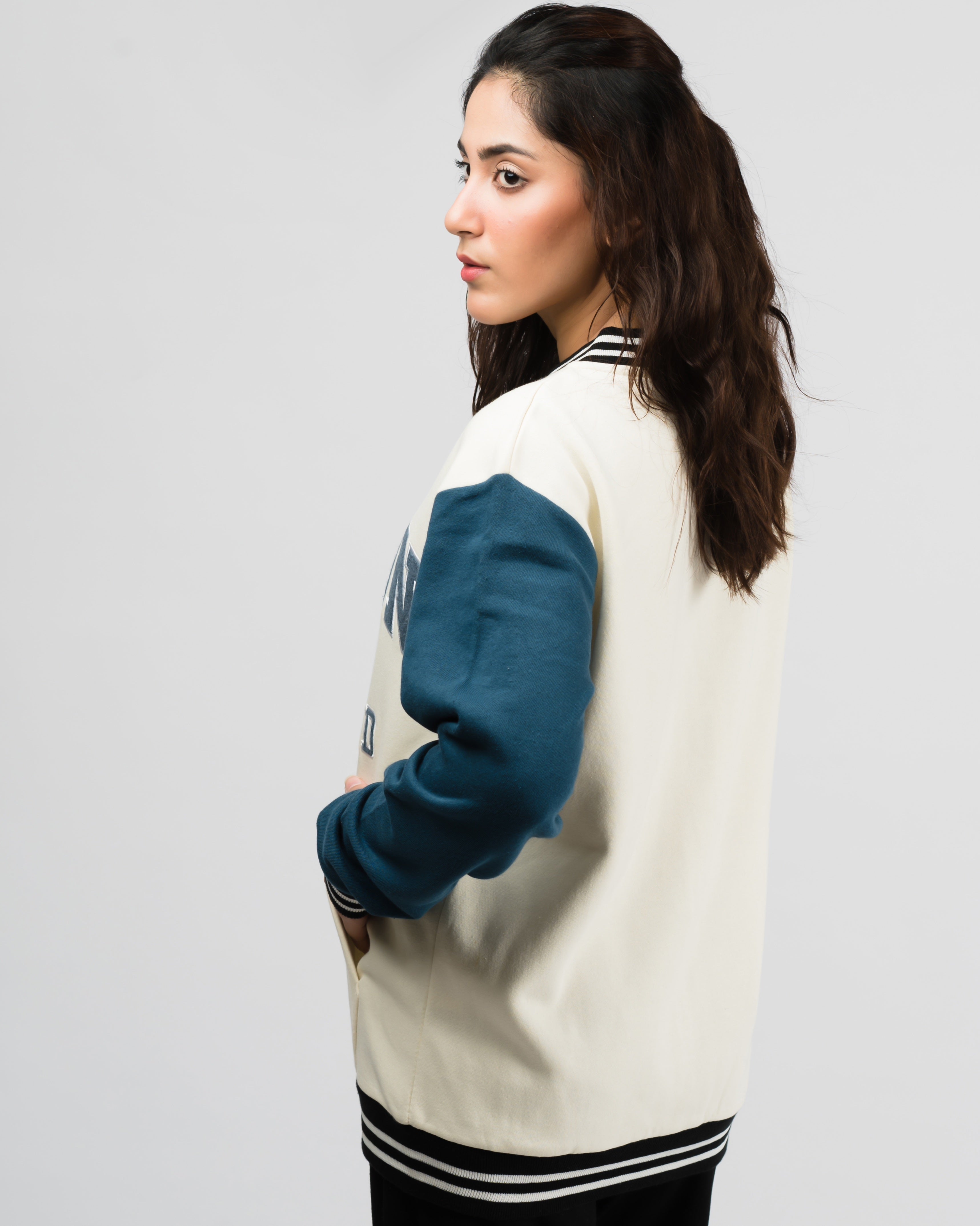 London Embroidered Zipper Baseball Jacket Beige
