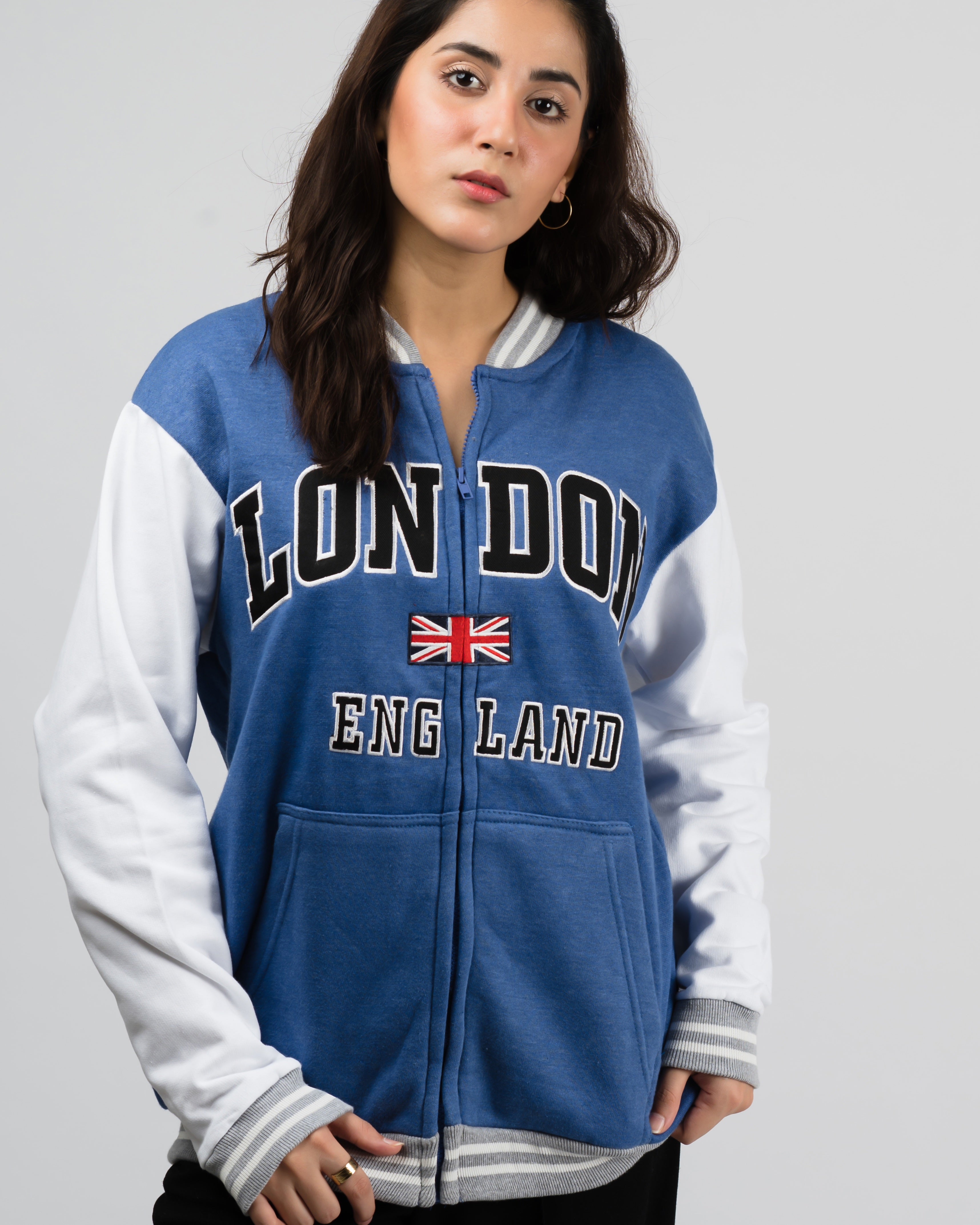 London Embroidered Zipper Baseball Jacket Blue