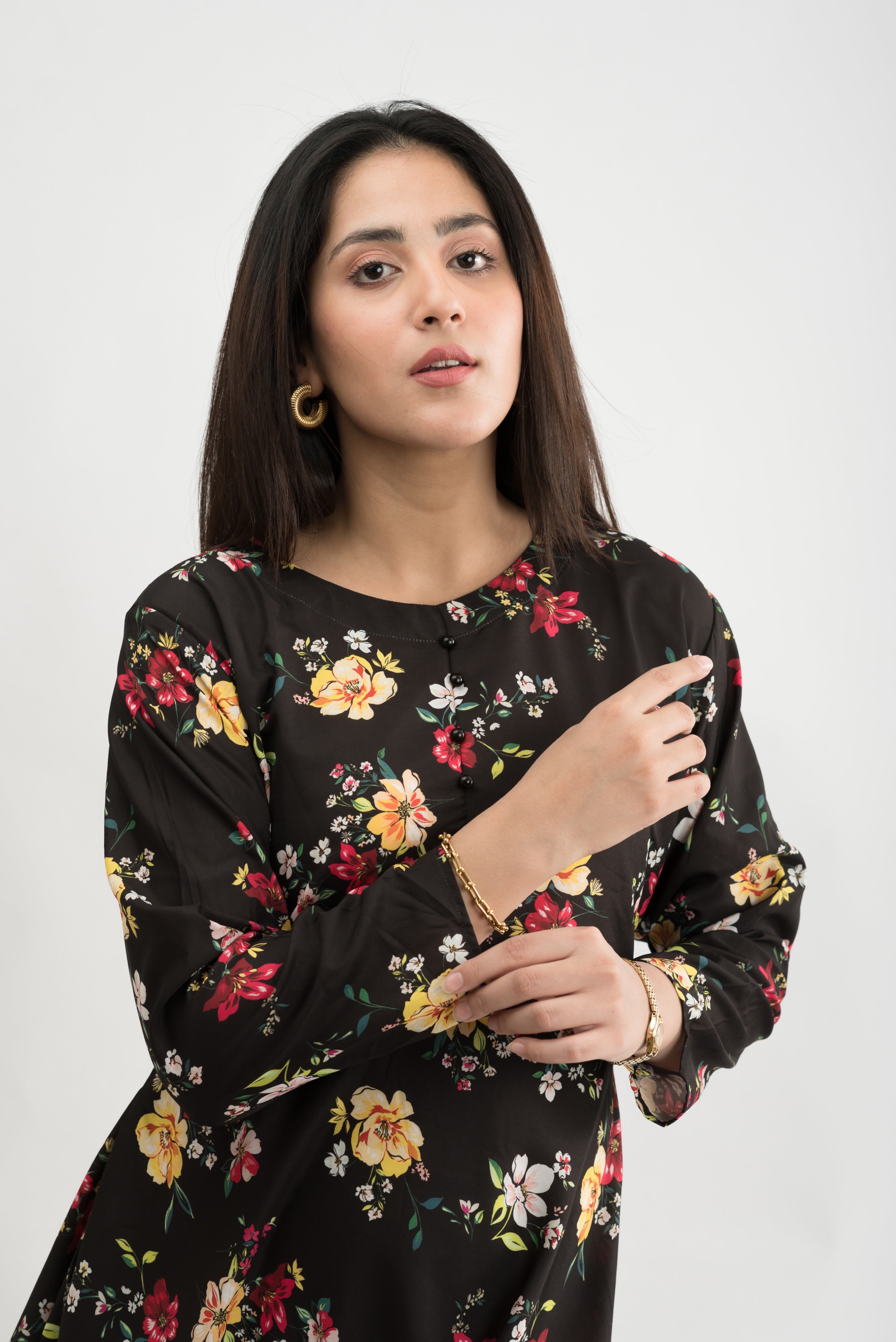 Midnight Blossom Floral Printed Lawn Maxi Dress