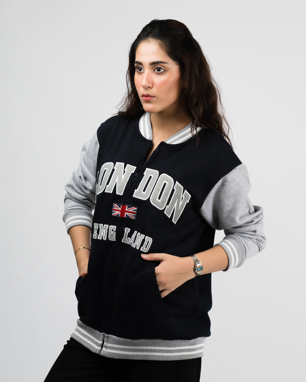 London Embroidered Zipper Baseball Jacket Black