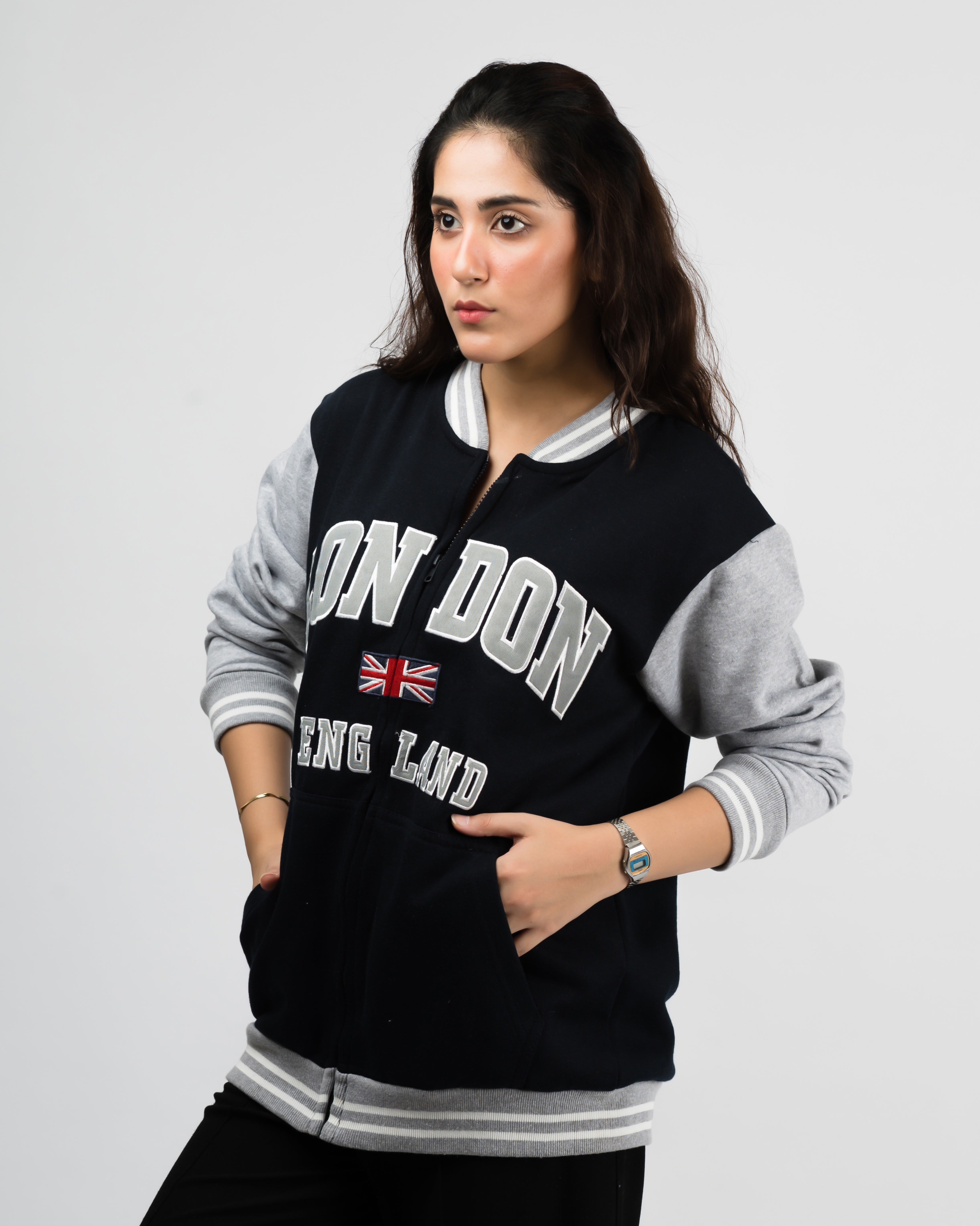 London Embroidered Zipper Baseball Jacket Black