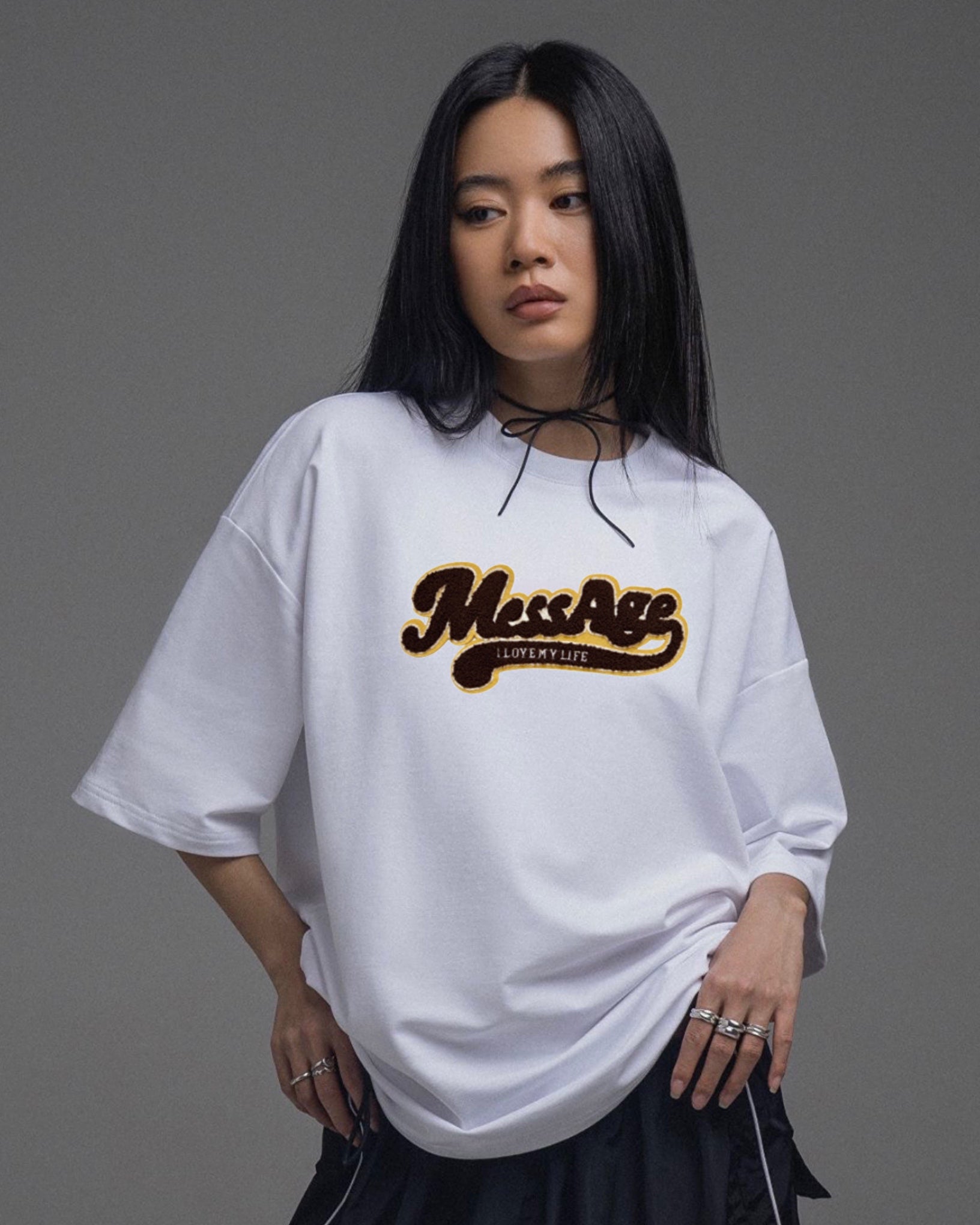 Message Embroidered Patched Drop Shoulder Oversized Tee White