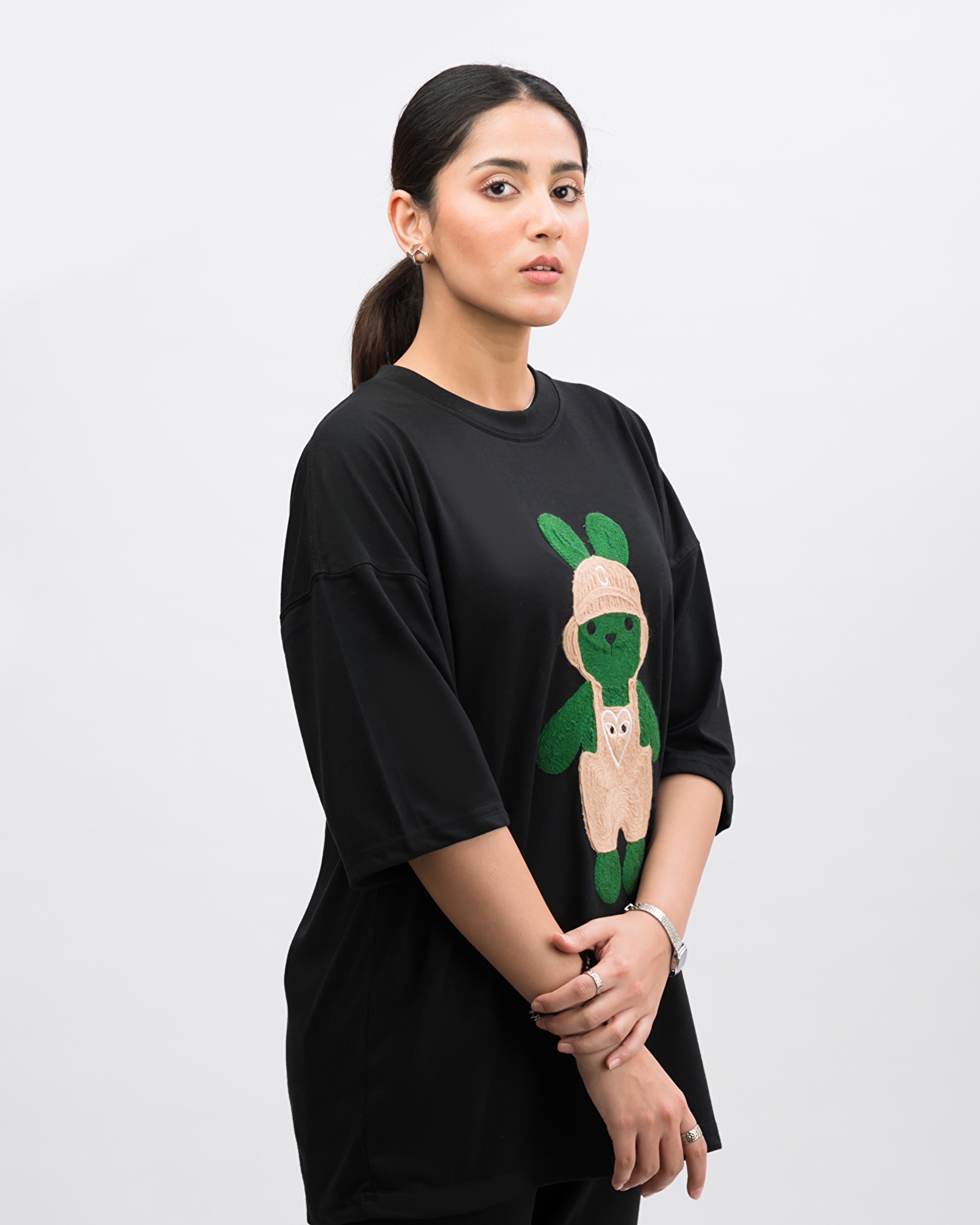 Labubu Embroidered Patched Drop Shoulder Oversized Tee Black