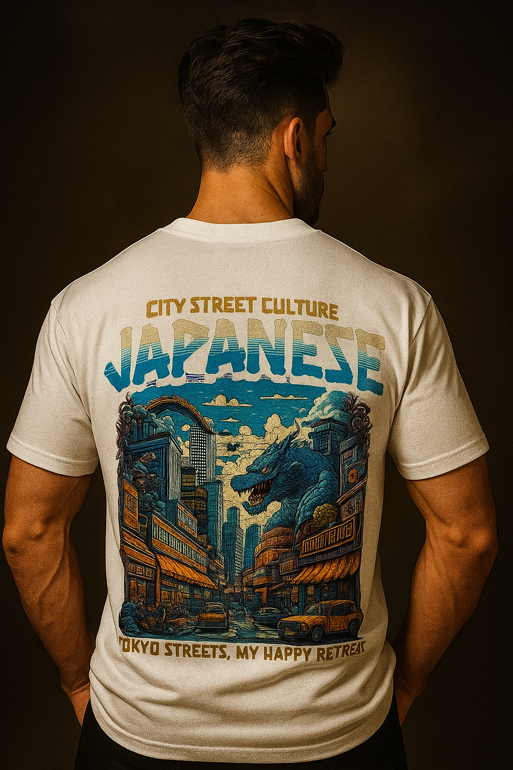 Japanese Back Graphic Drop Shoulder Oversized Tee White