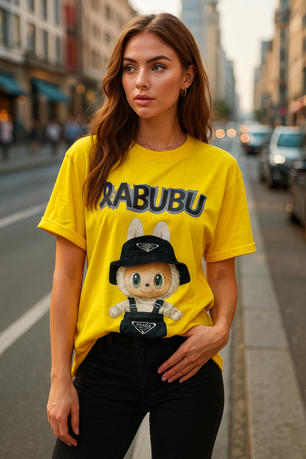 Labubu Graphic Drop Shoulder Oversized Tee Yellow