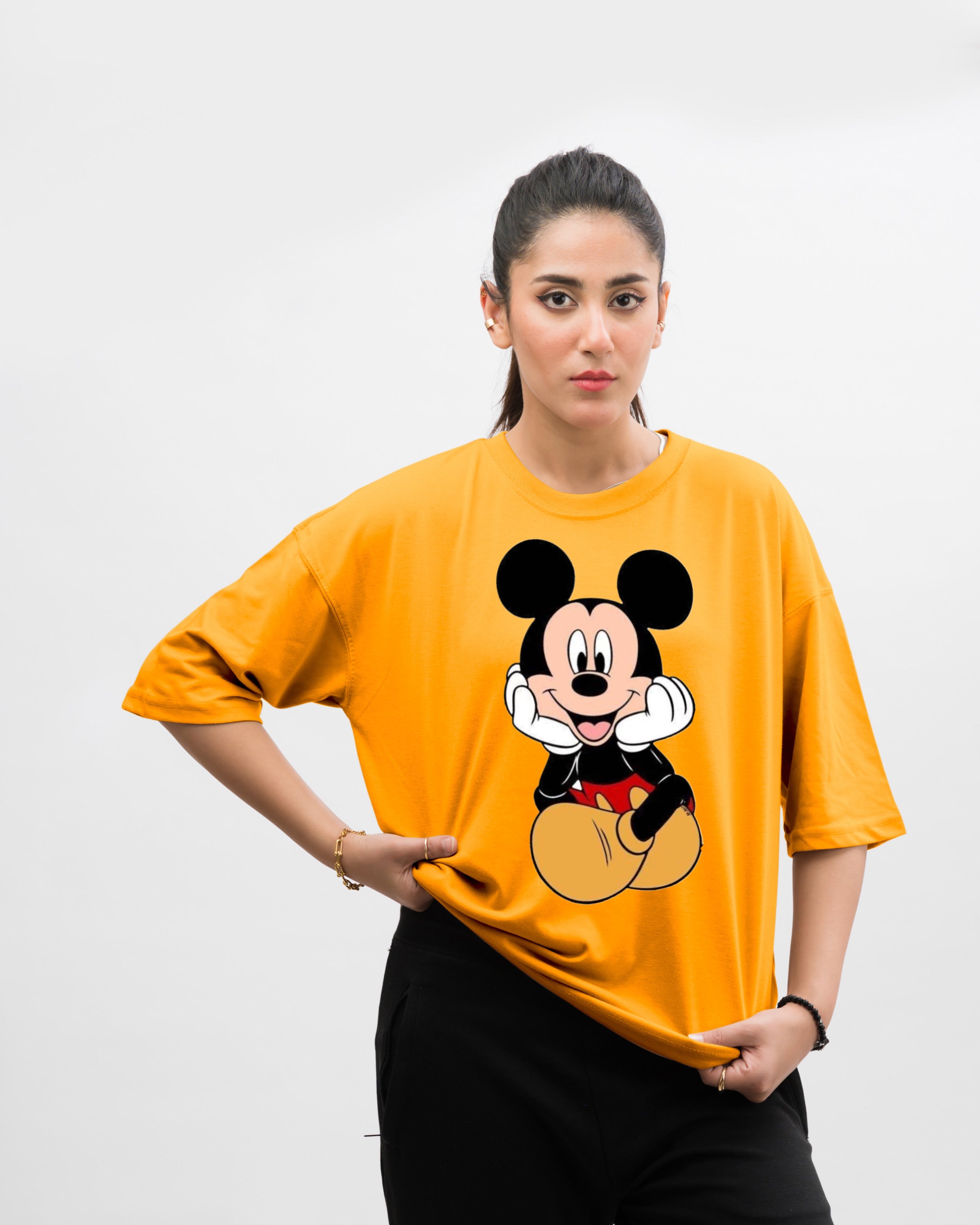 Mickey Mouse Graphic Drop Shoulder Oversized Tee Yellow