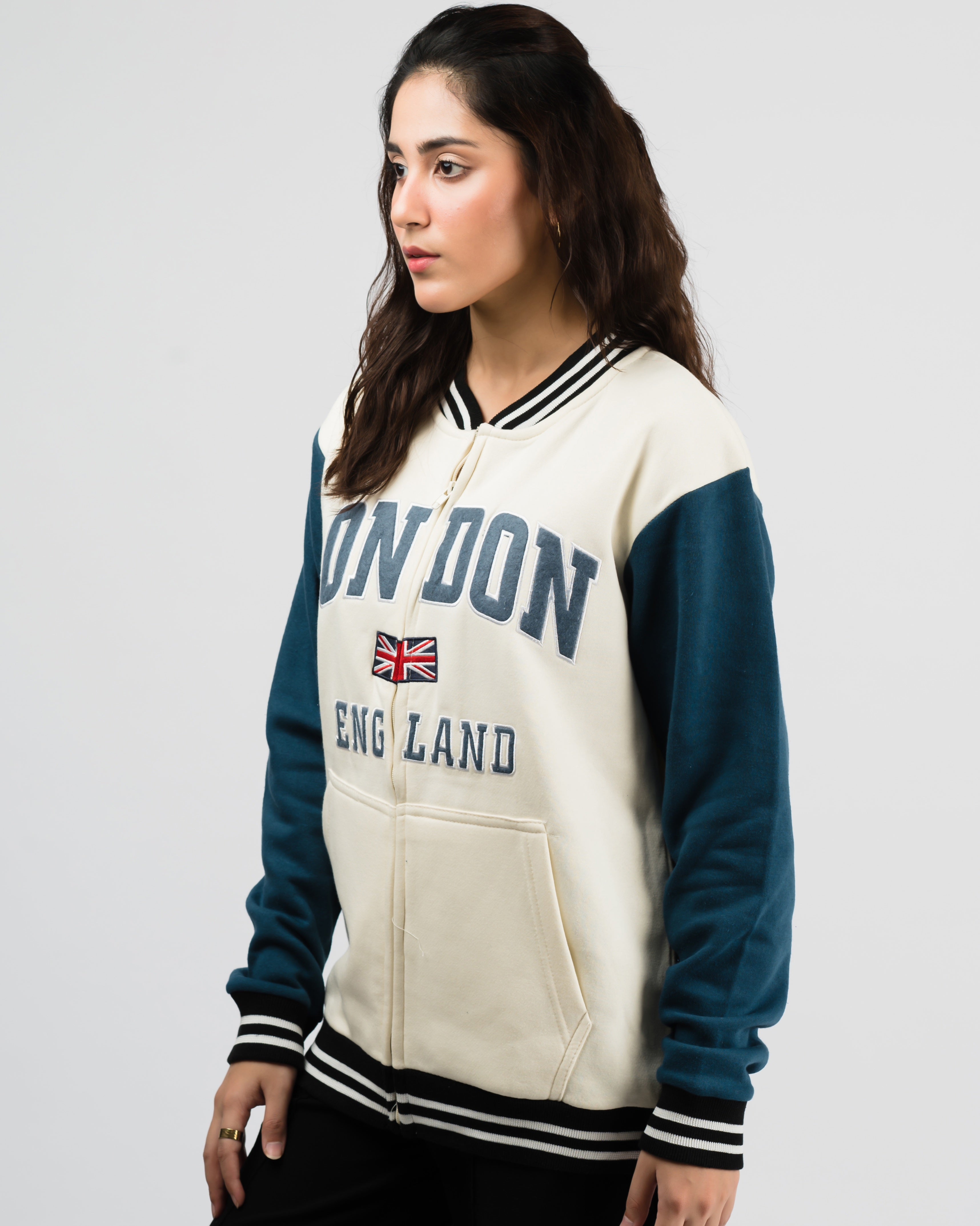London Embroidered Zipper Baseball Jacket Beige