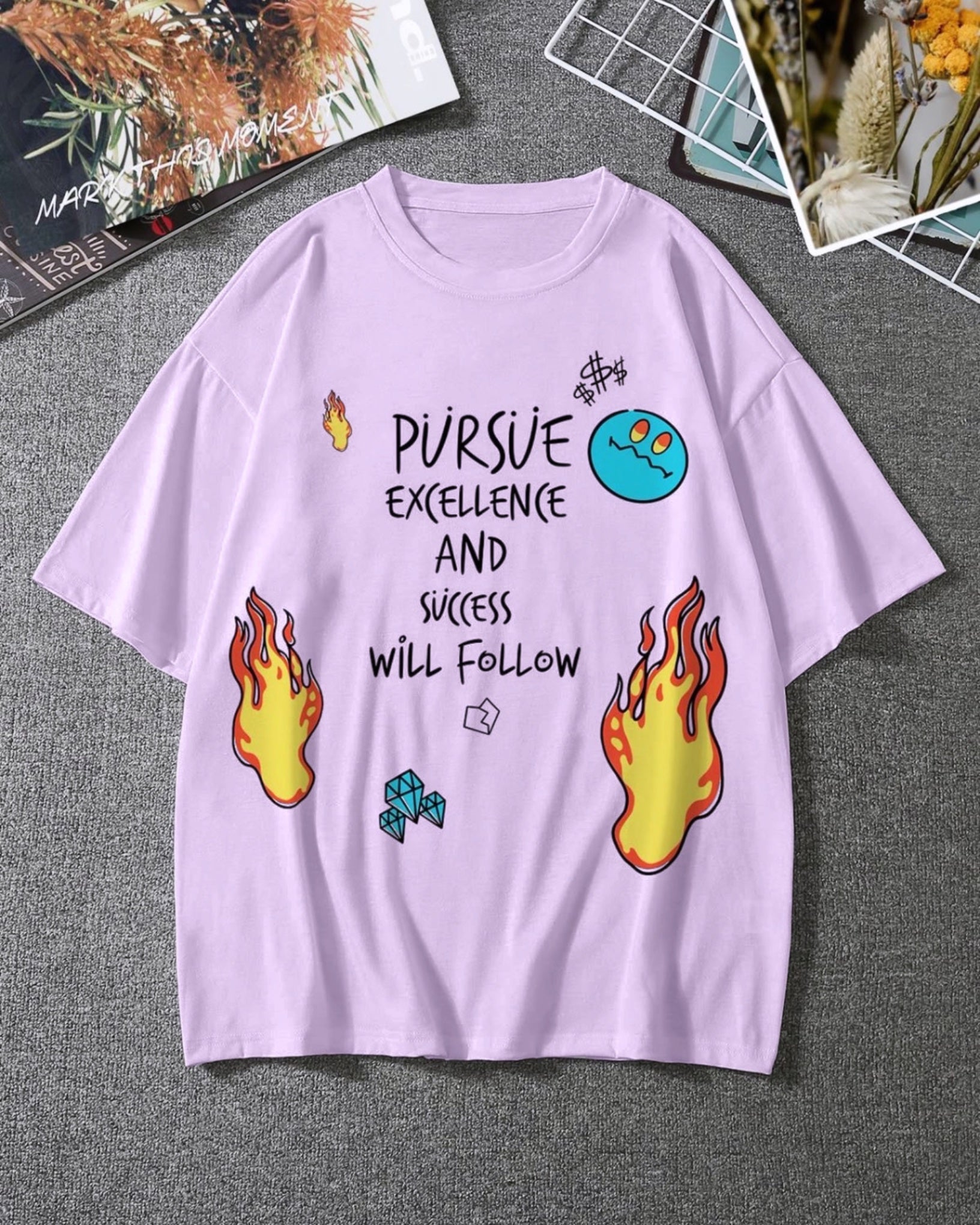 Pursue Excellence Graphic Drop Shoulder Oversized T-shirt Lavender