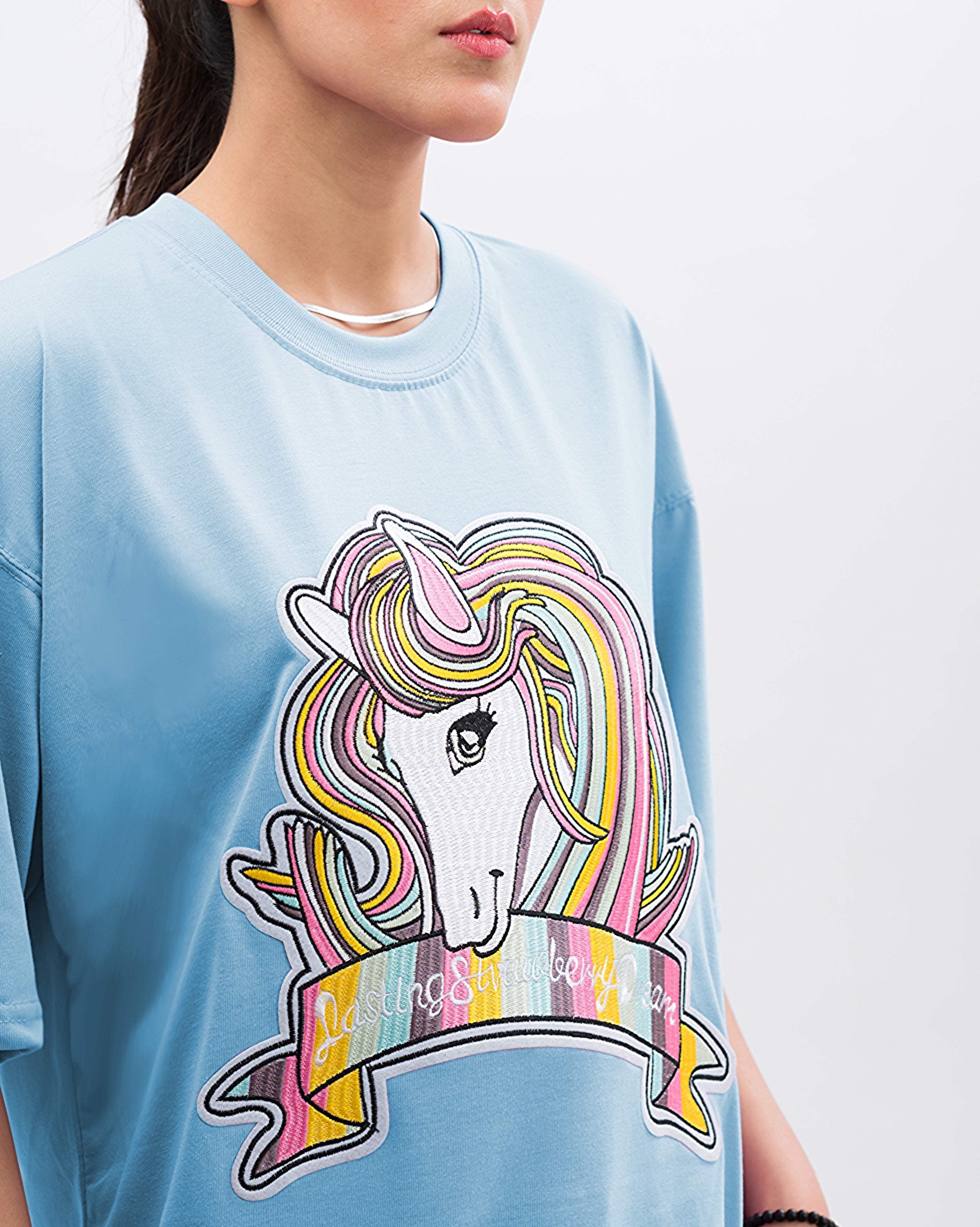 Unicorn Embroidered Patched Drop Shoulder Oversized Tee Sky Blue