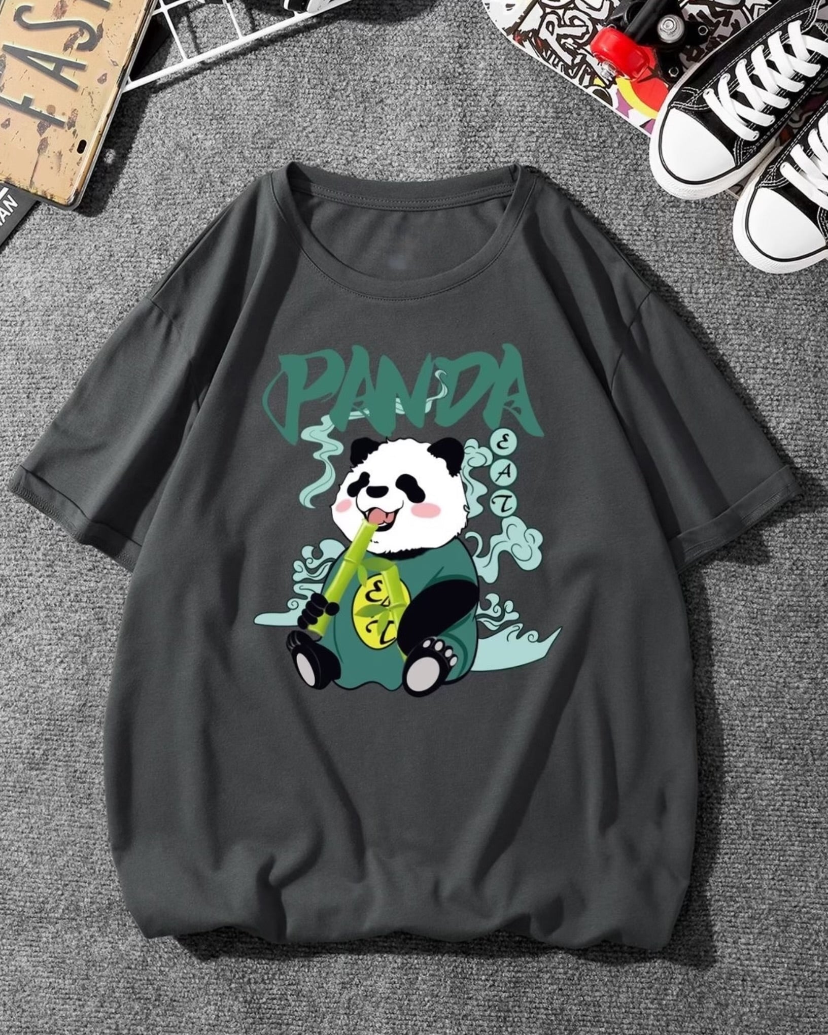 Panda Eat Graphic Drop Shoulder Oversized T-shirt