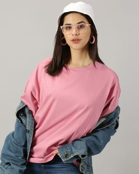Womens Basic Oversized Drop Shoulder Tee Pink