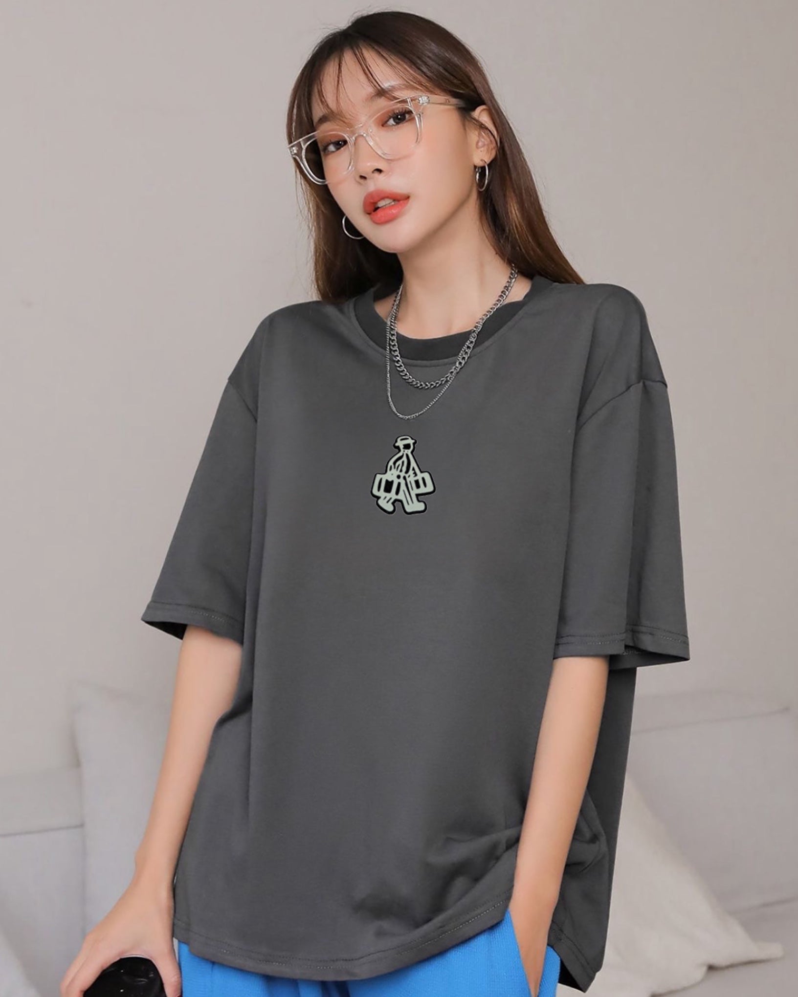 Wild Walker Embroidered Patched Drop Shoulder Oversized Tee Dark Grey