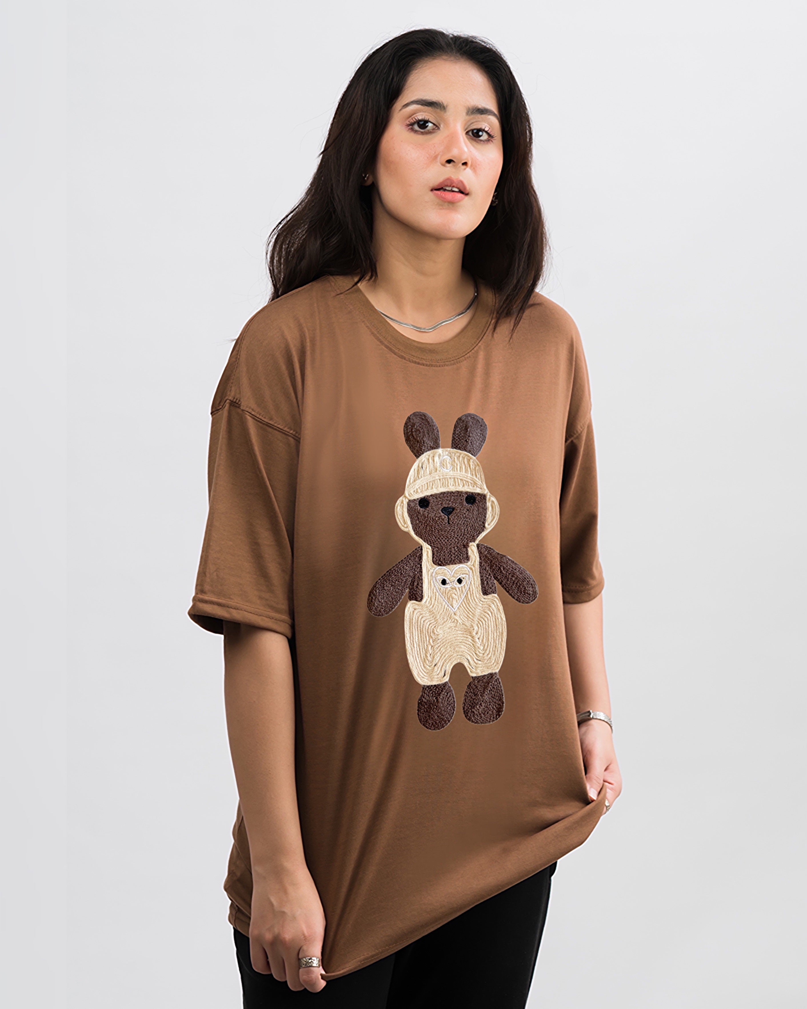 Labubu Embroidered Patched Drop Shoulder Oversized Tee Brownie