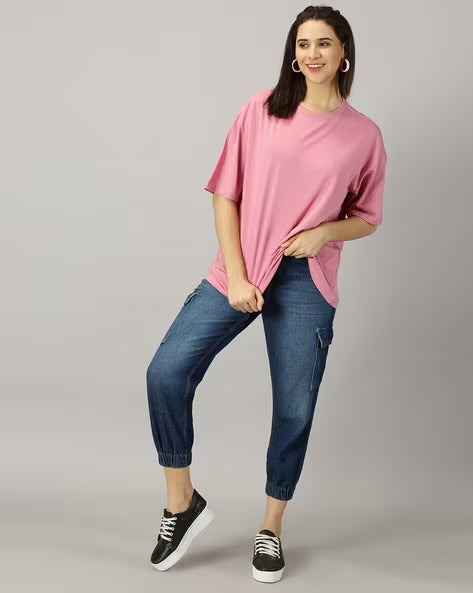 Womens Basic Oversized Drop Shoulder Tee Pink