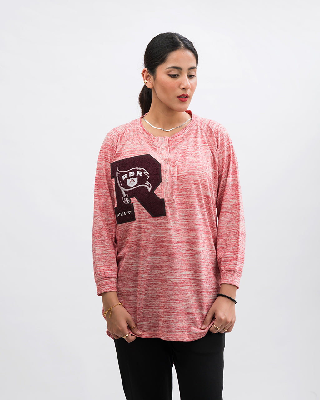 Henley Style R Athletic Long Sleeve Oversized Tee Peach