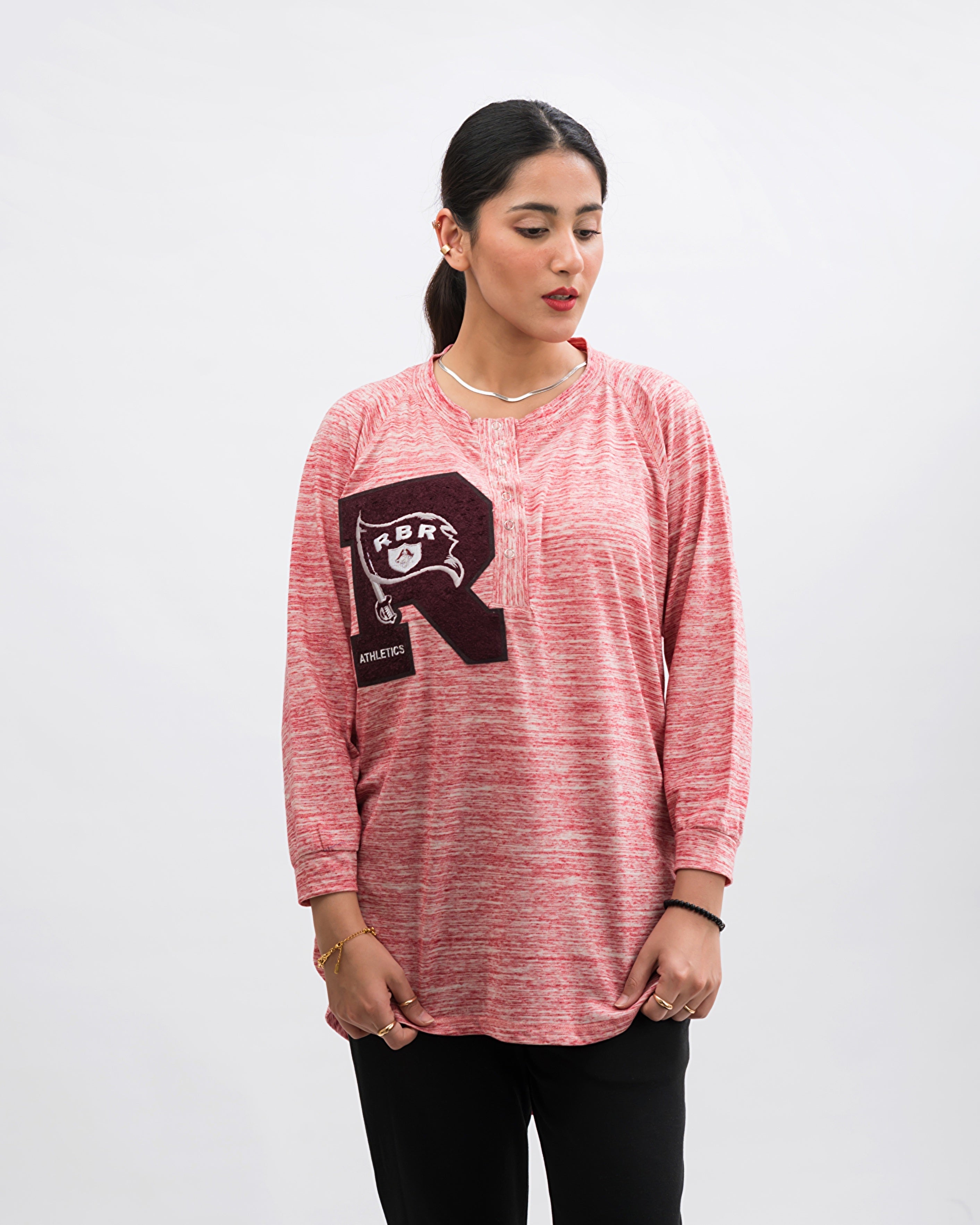 Henley Style R Athletic Long Sleeve Oversized Tee Peach