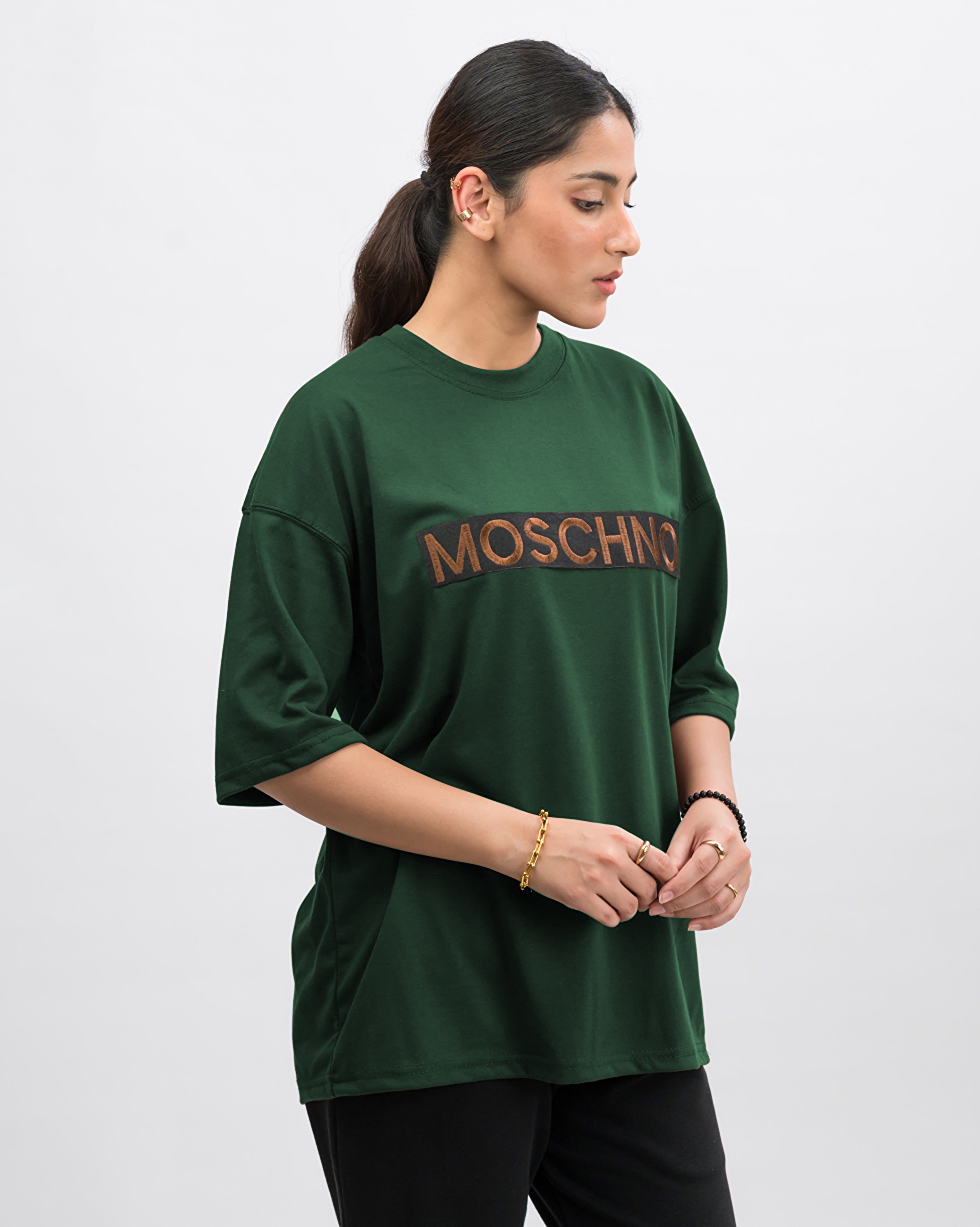 Moschino Embroidered Patched Drop Shoulder Oversized Tee Green