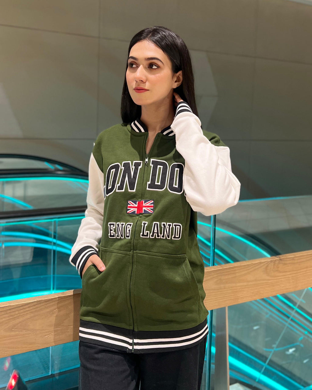 London Embroidered Zipper Baseball Jacket Green