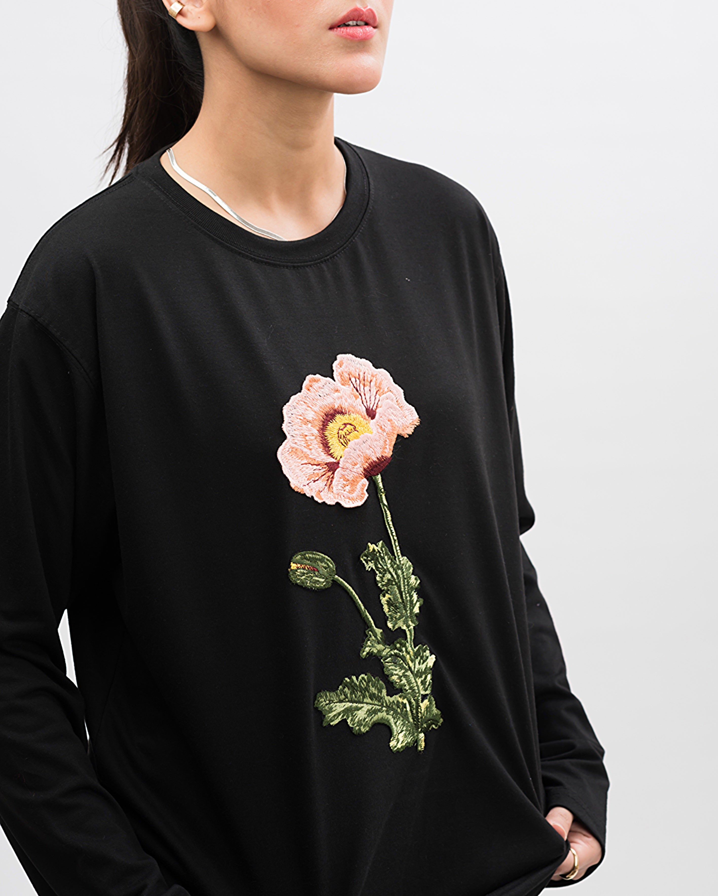 Rose Embroidered Patched Long Sleeves Oversized Tee Black