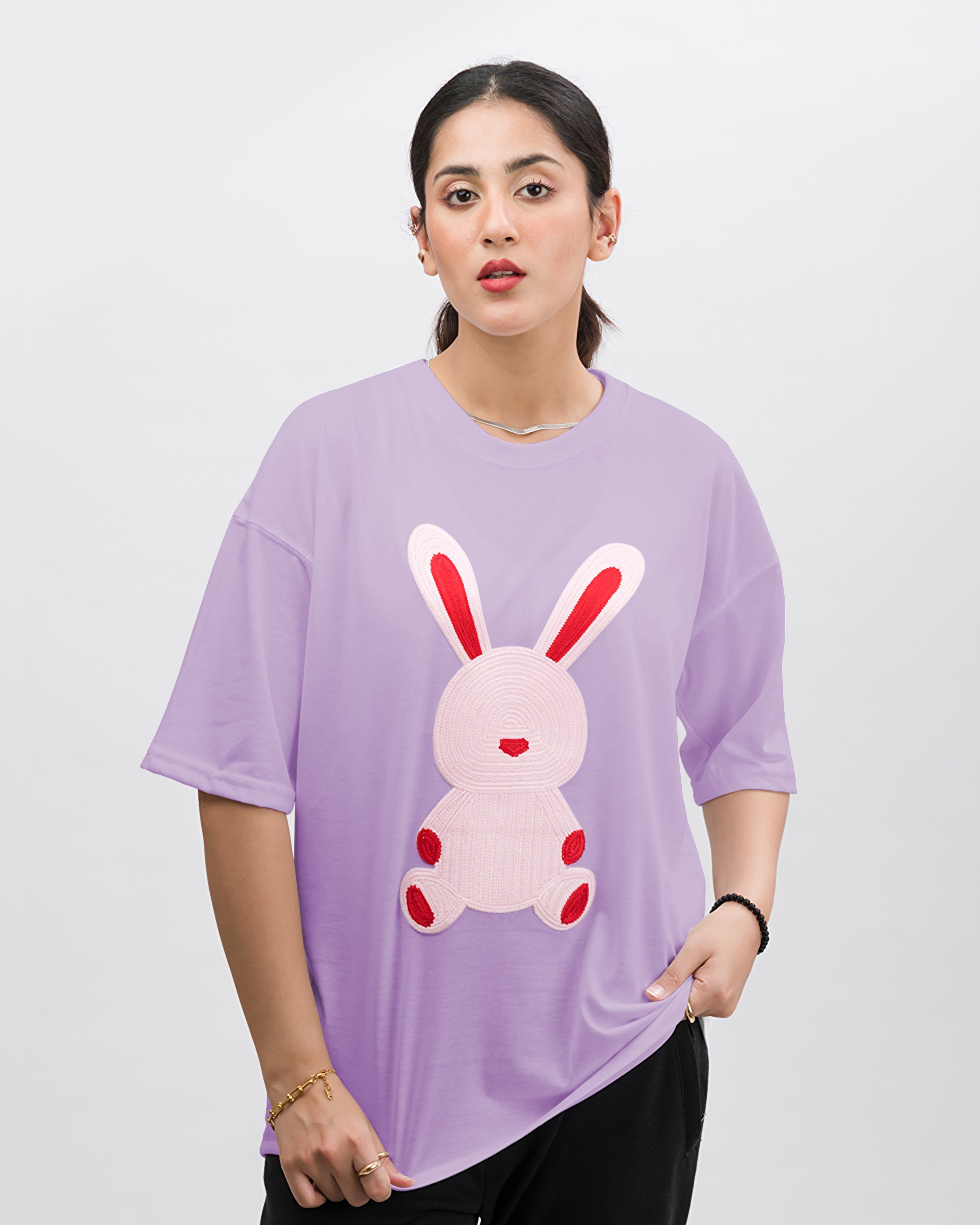 Bella Bear Embroidered Patched Drop Shoulder Oversized Tee Lavender