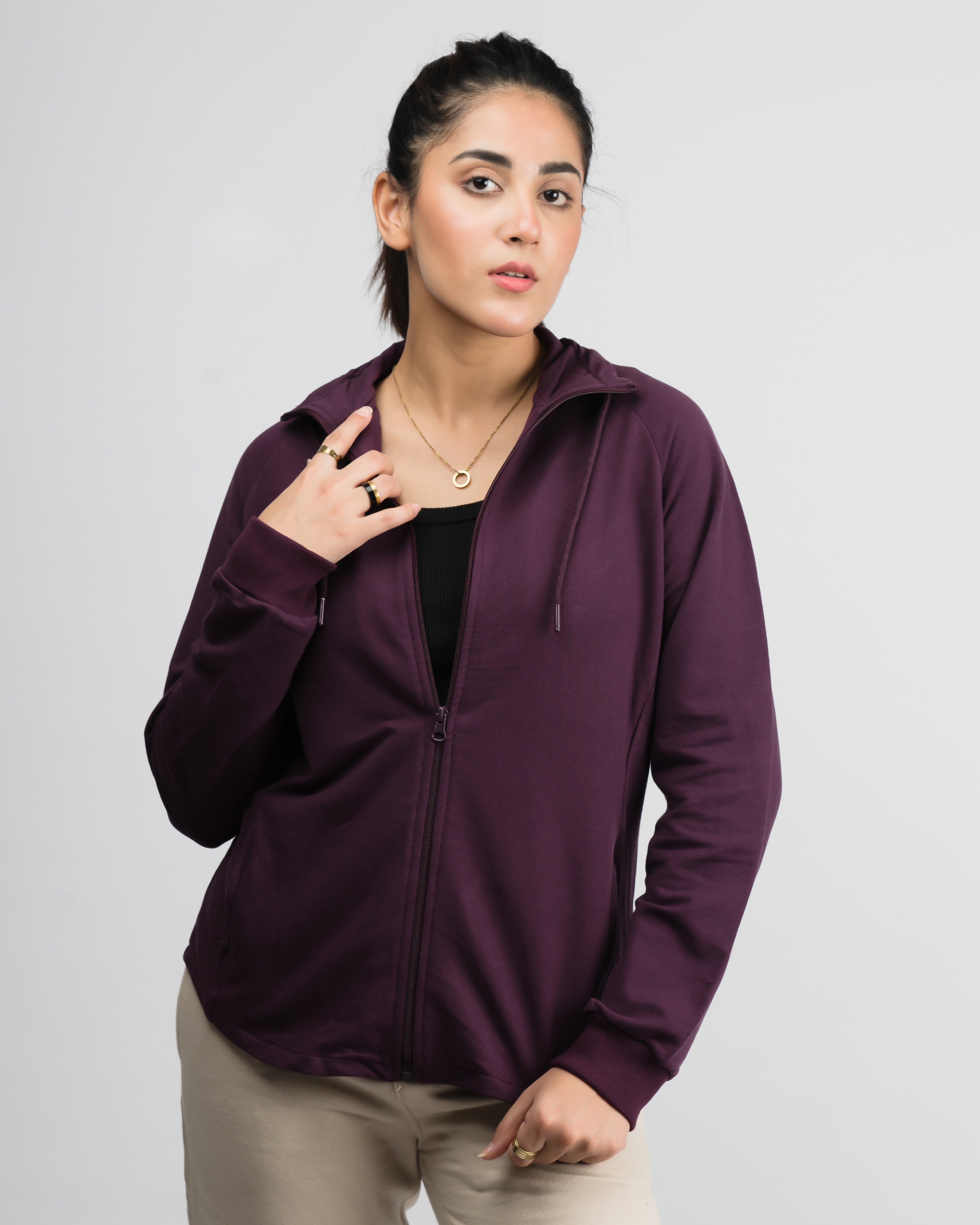 Classic Mock Neck Zipper Jacket Purple