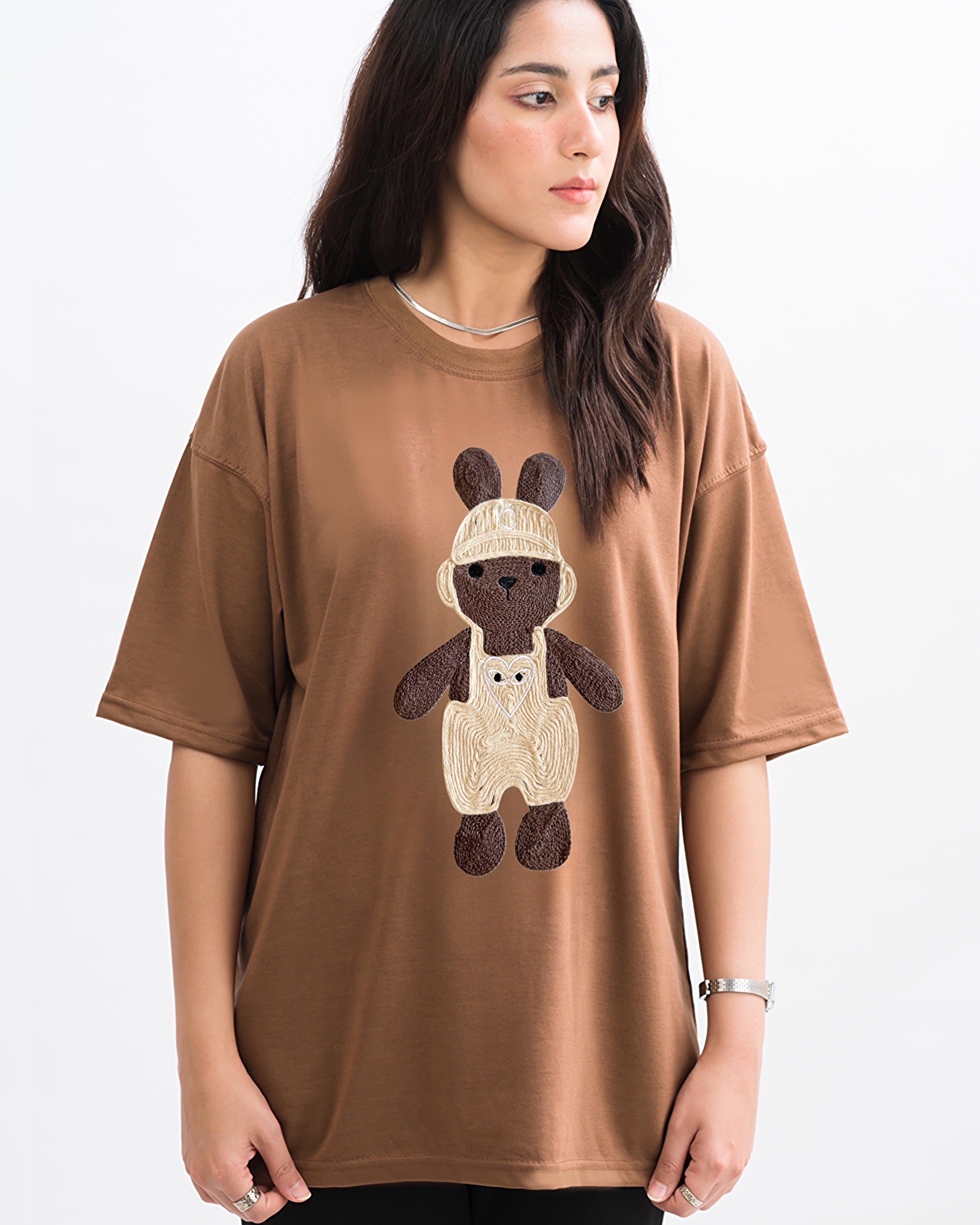 Labubu Embroidered Patched Drop Shoulder Oversized Tee Brownie