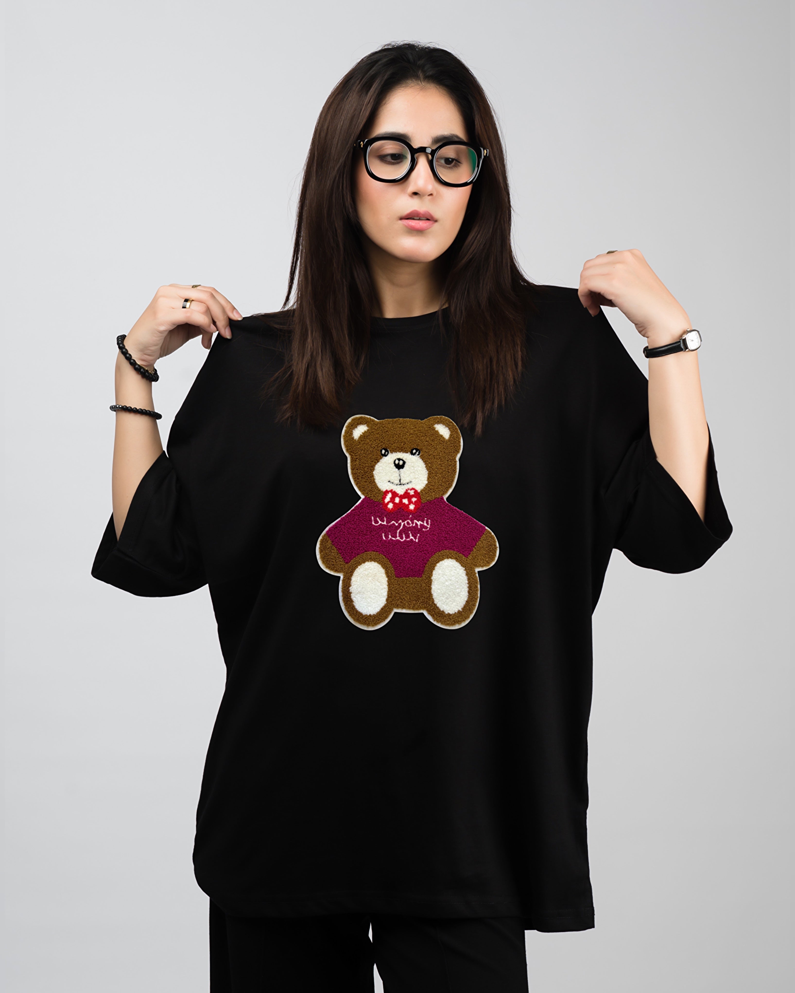Coco Bear Embroidered Patched Drop Shoulder Oversized Tee Black