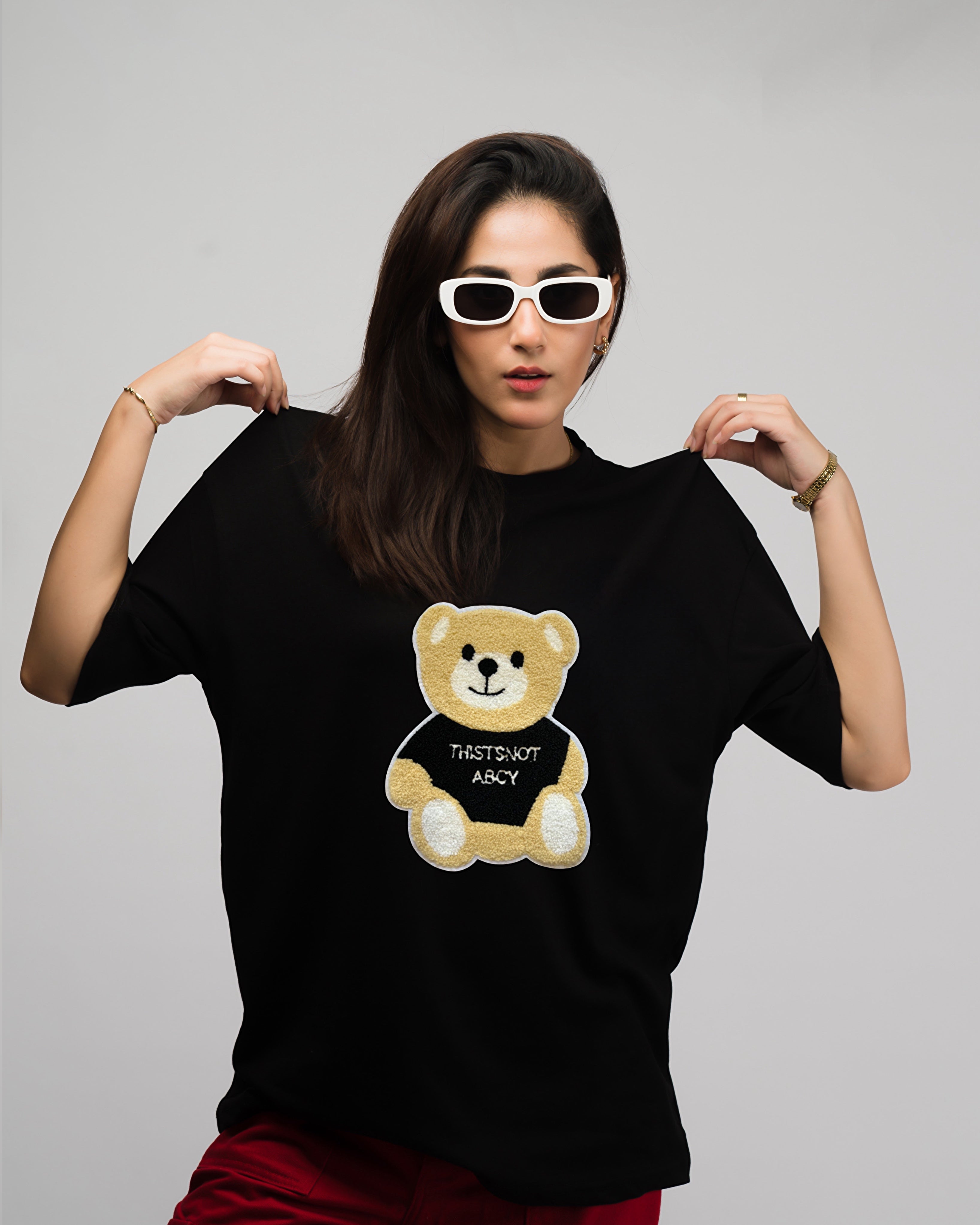 Moschino Bear Embroidered Patched Drop Shoulder Oversized Tee Black