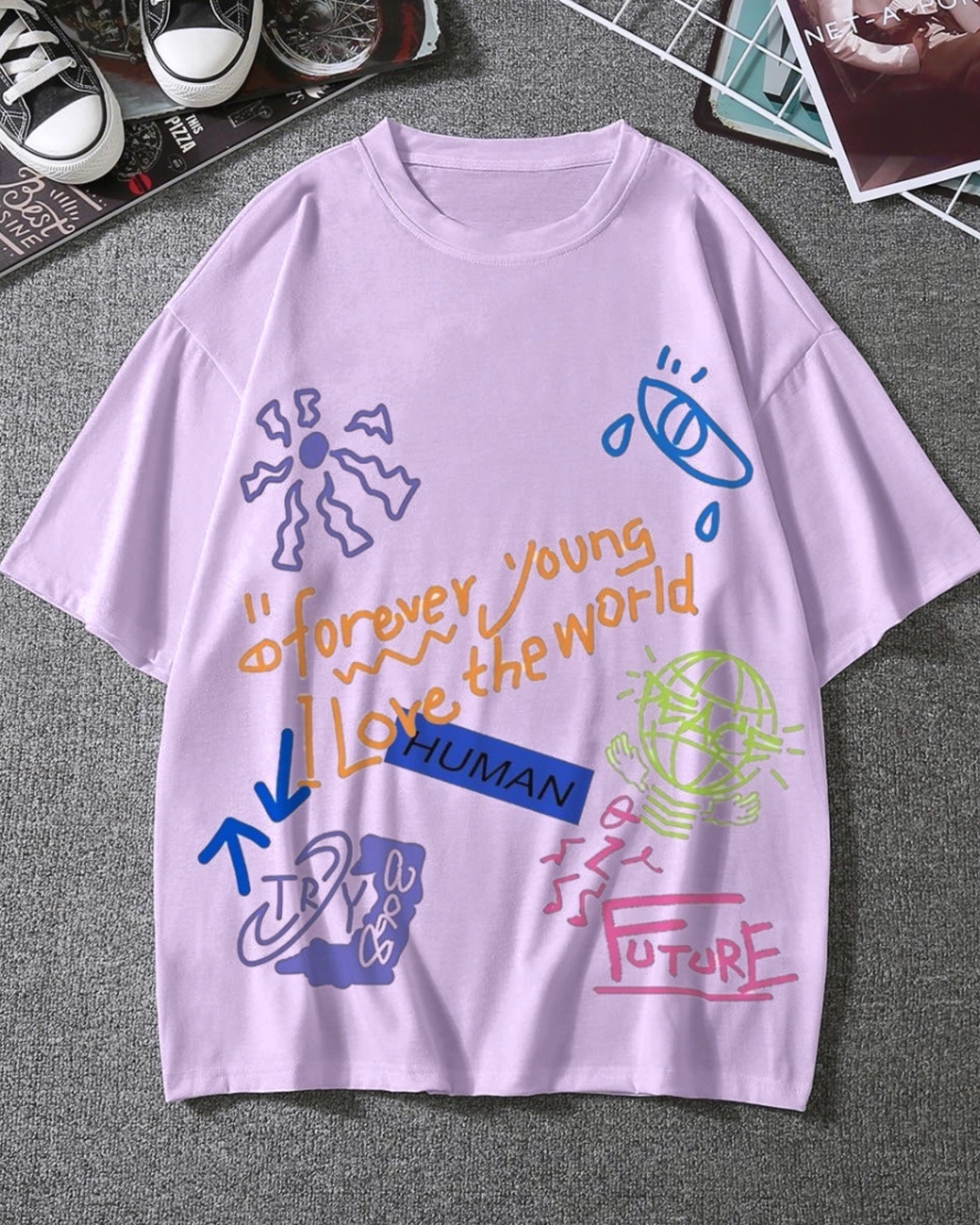 Love The World Graphic Drop Shoulder Oversized T-shirt Lavender