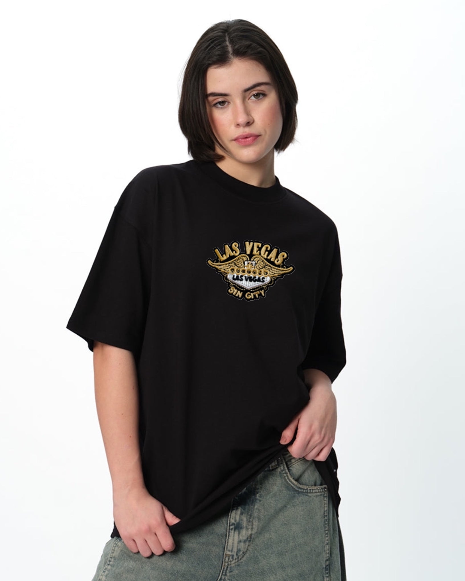 Las Vegas Embroidered Patched Drop Shoulder Oversized Tee Black