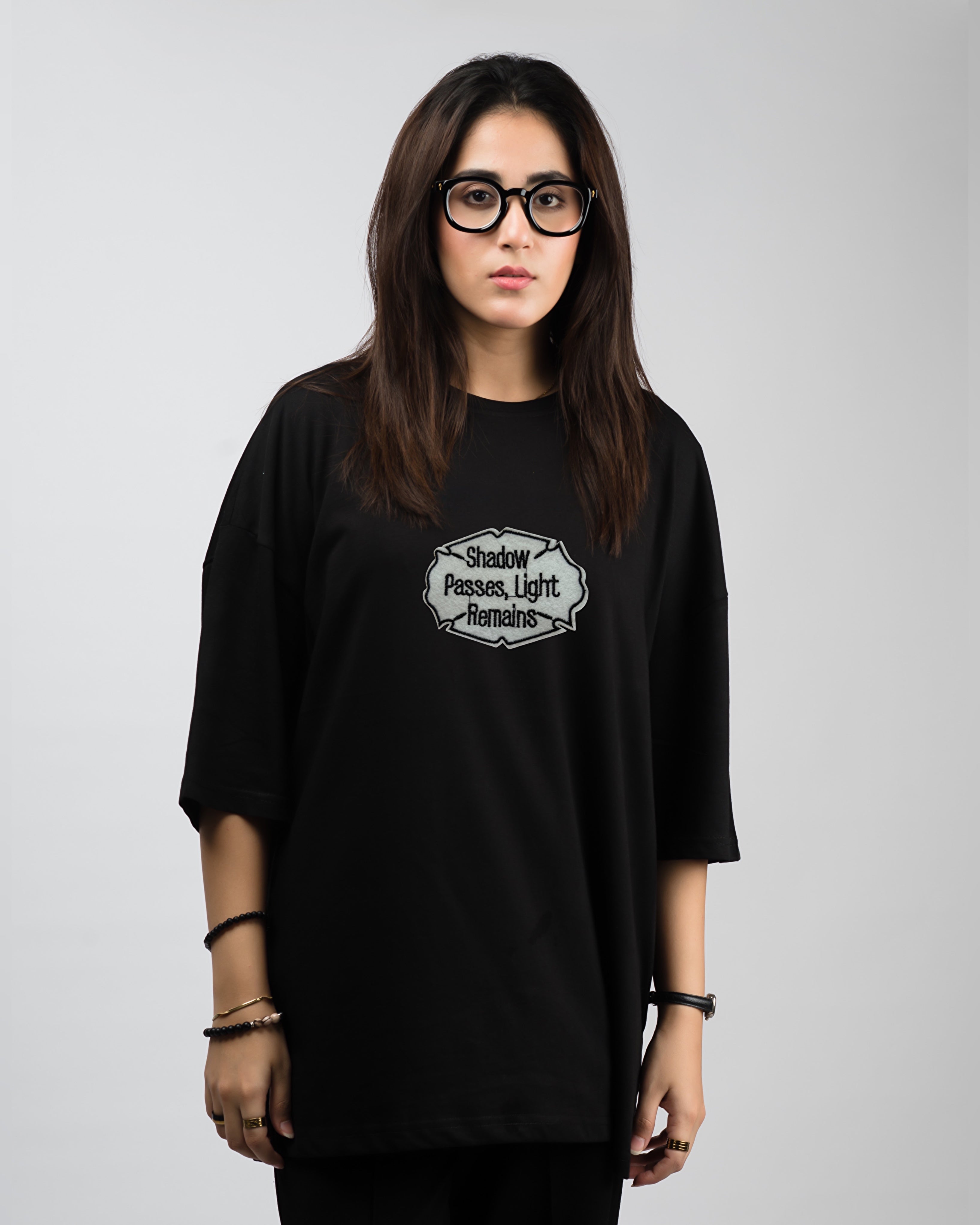Slogan Embroidered Patched Drop Shoulder Oversized Tee Black