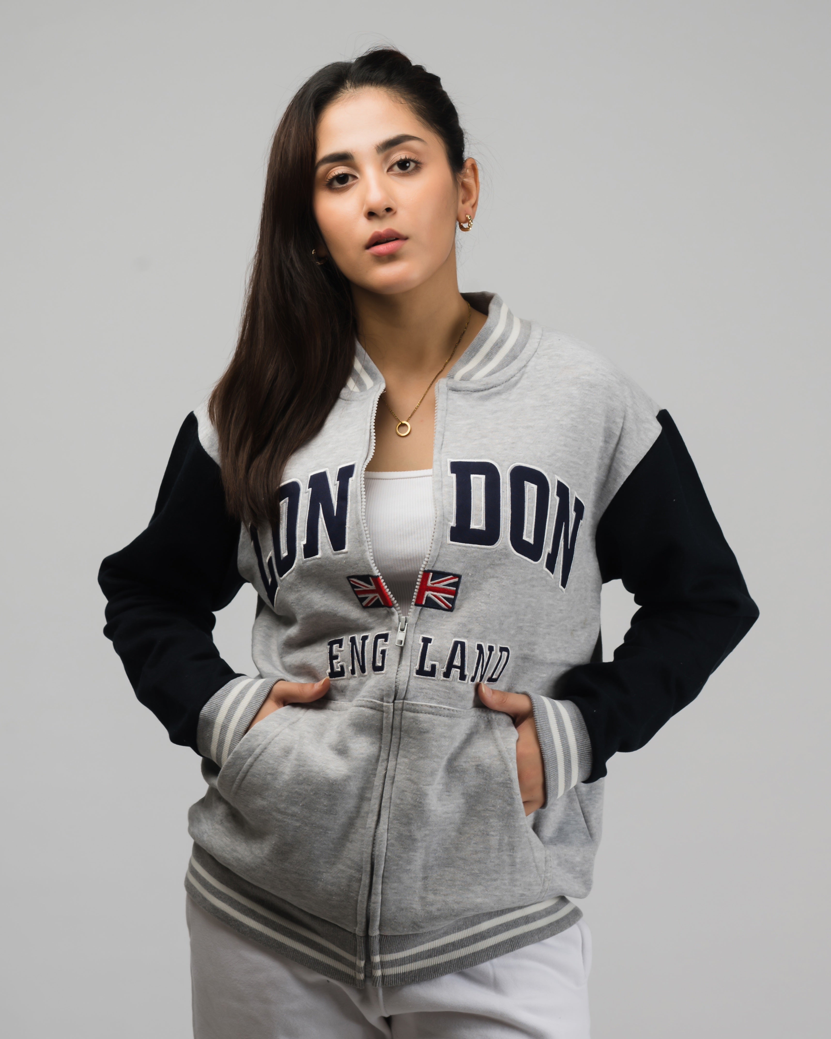 London Embroidered Zipper Baseball Jacket Grey