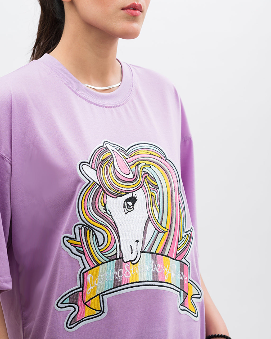 Unicorn Embroidered Patched Drop Shoulder Oversized Tee Lavender