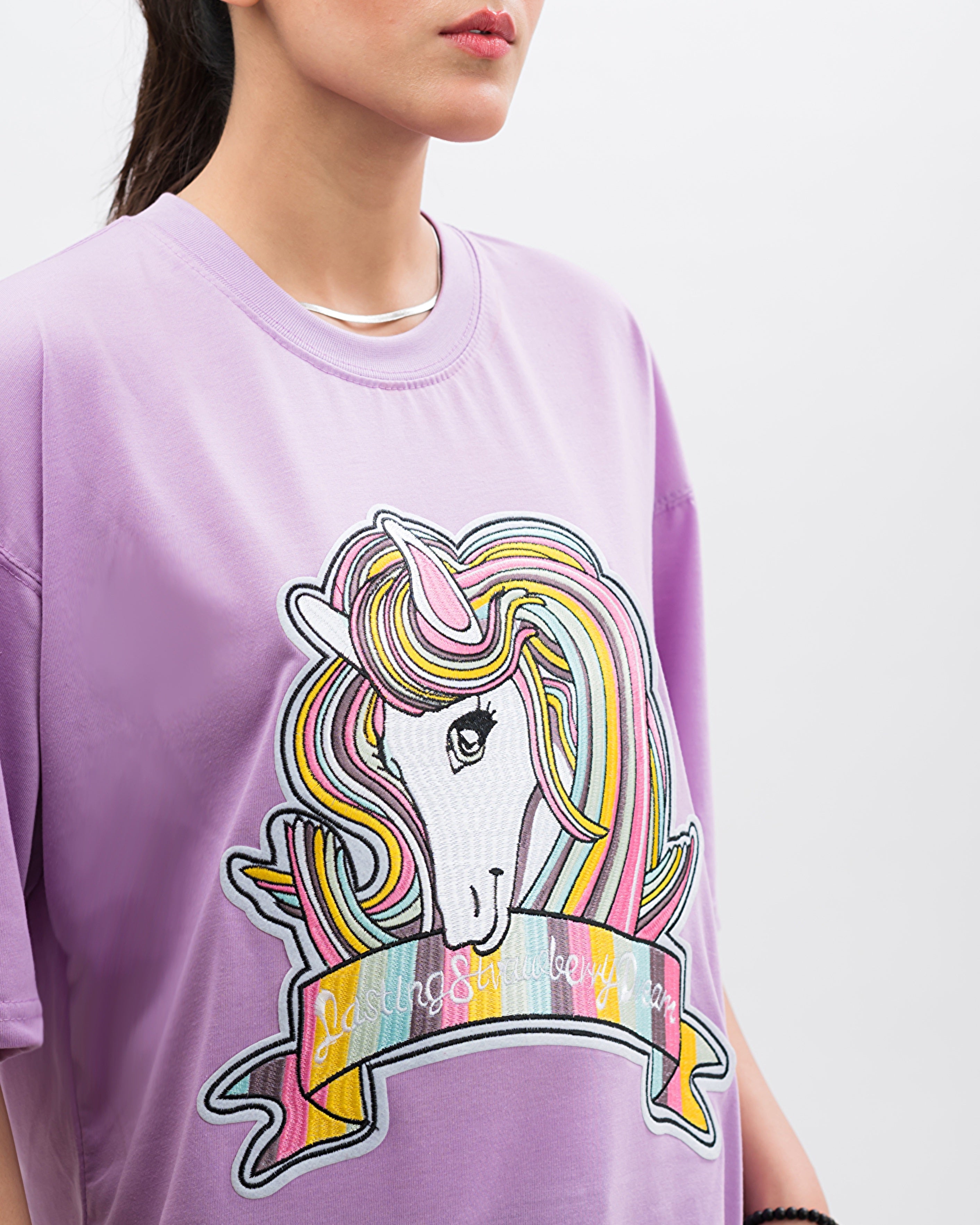 Unicorn Embroidered Patched Drop Shoulder Oversized Tee Lavender