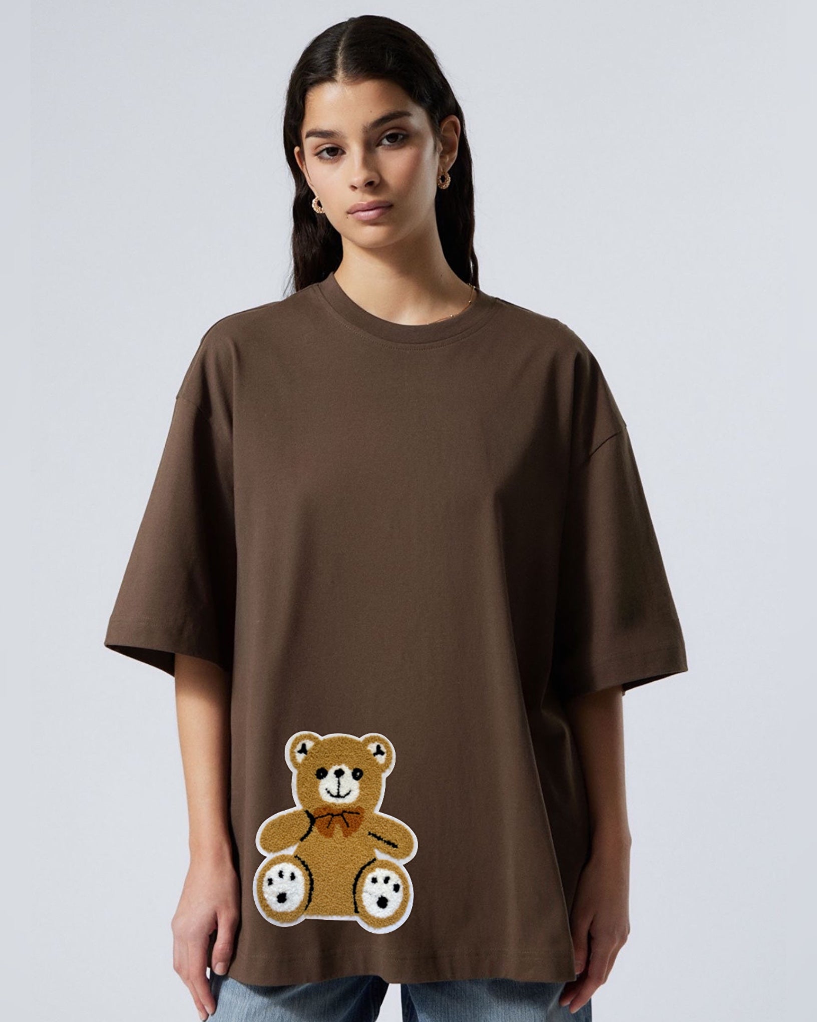 Cocoa Bear Embroidered Patched Drop Shoulder Oversized Tee Brownie