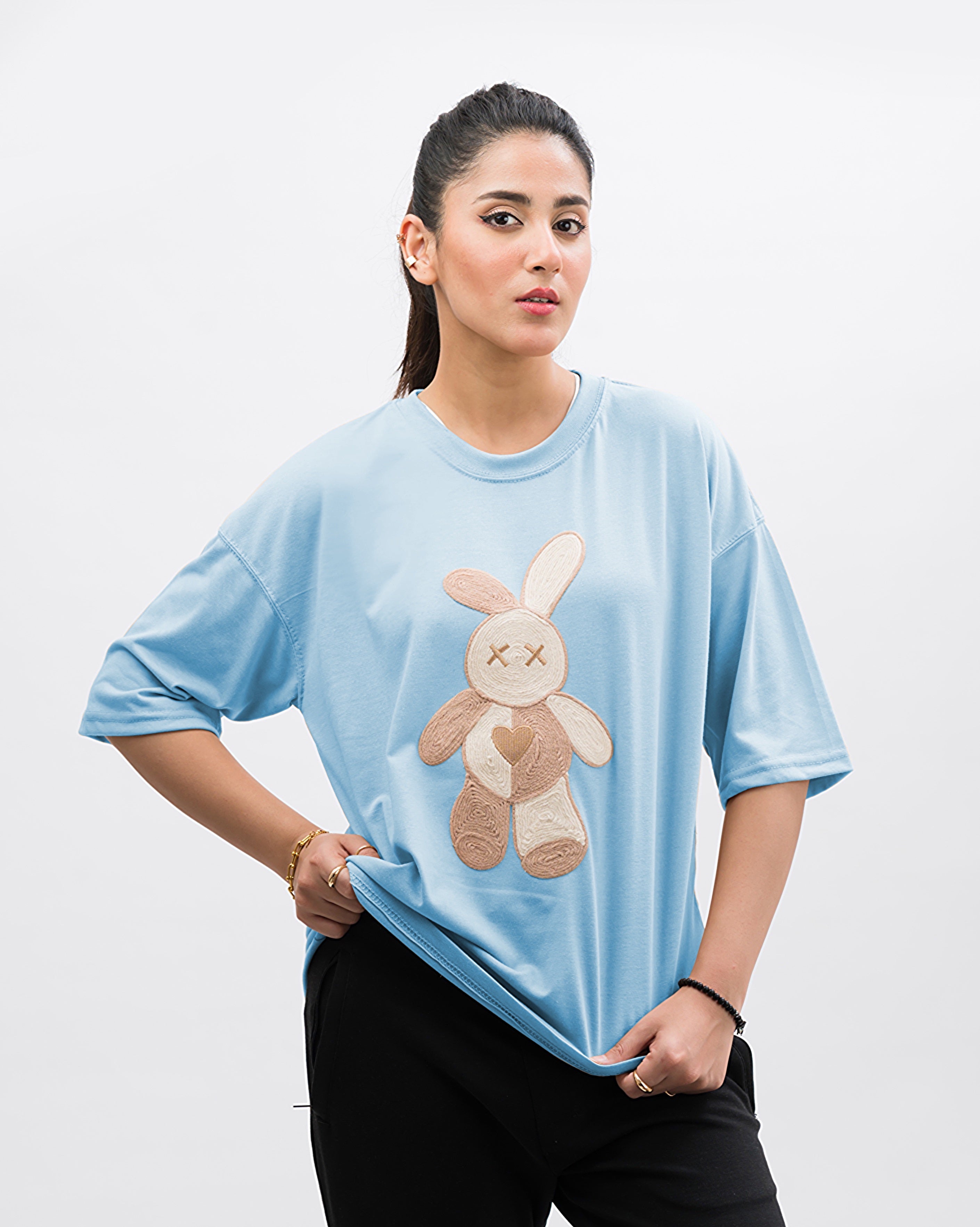 Teddy Caramel Embroidered Patched Drop Shoulder Oversized Tee Sky Blue