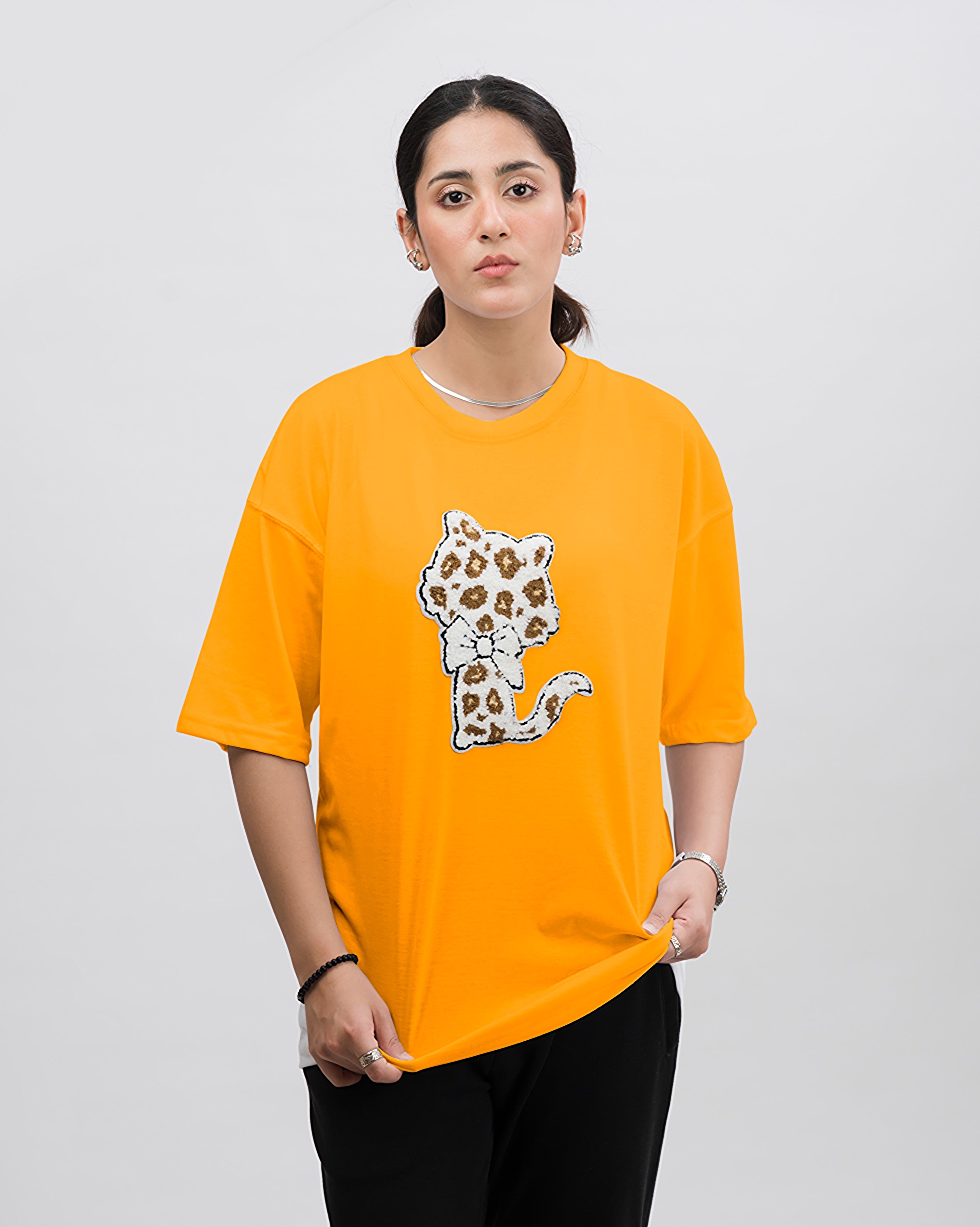 Kitty Embroidered Patched Drop Shoulder Oversized Tee Yellow