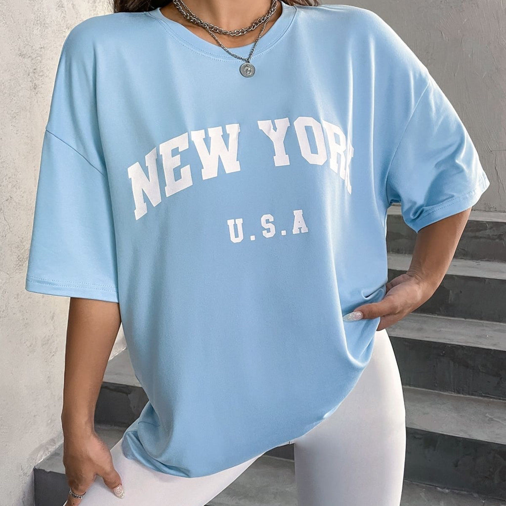 New York Graphic Drop Shoulder Oversized Tee Sky Blue