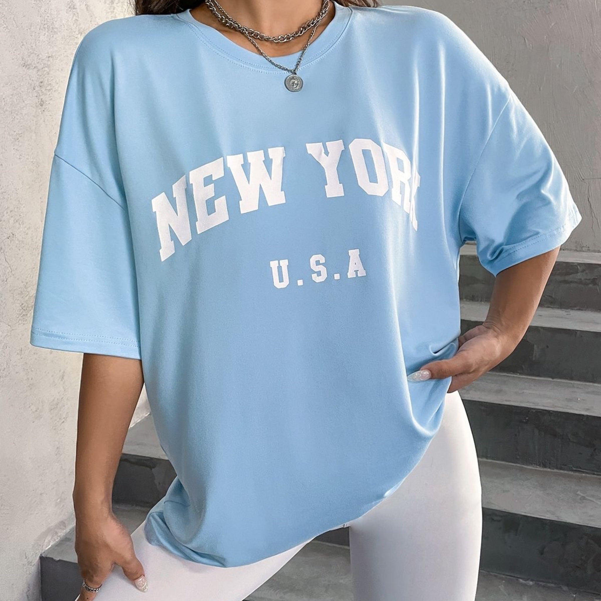 New York Graphic Drop Shoulder Oversized Tee Sky Blue