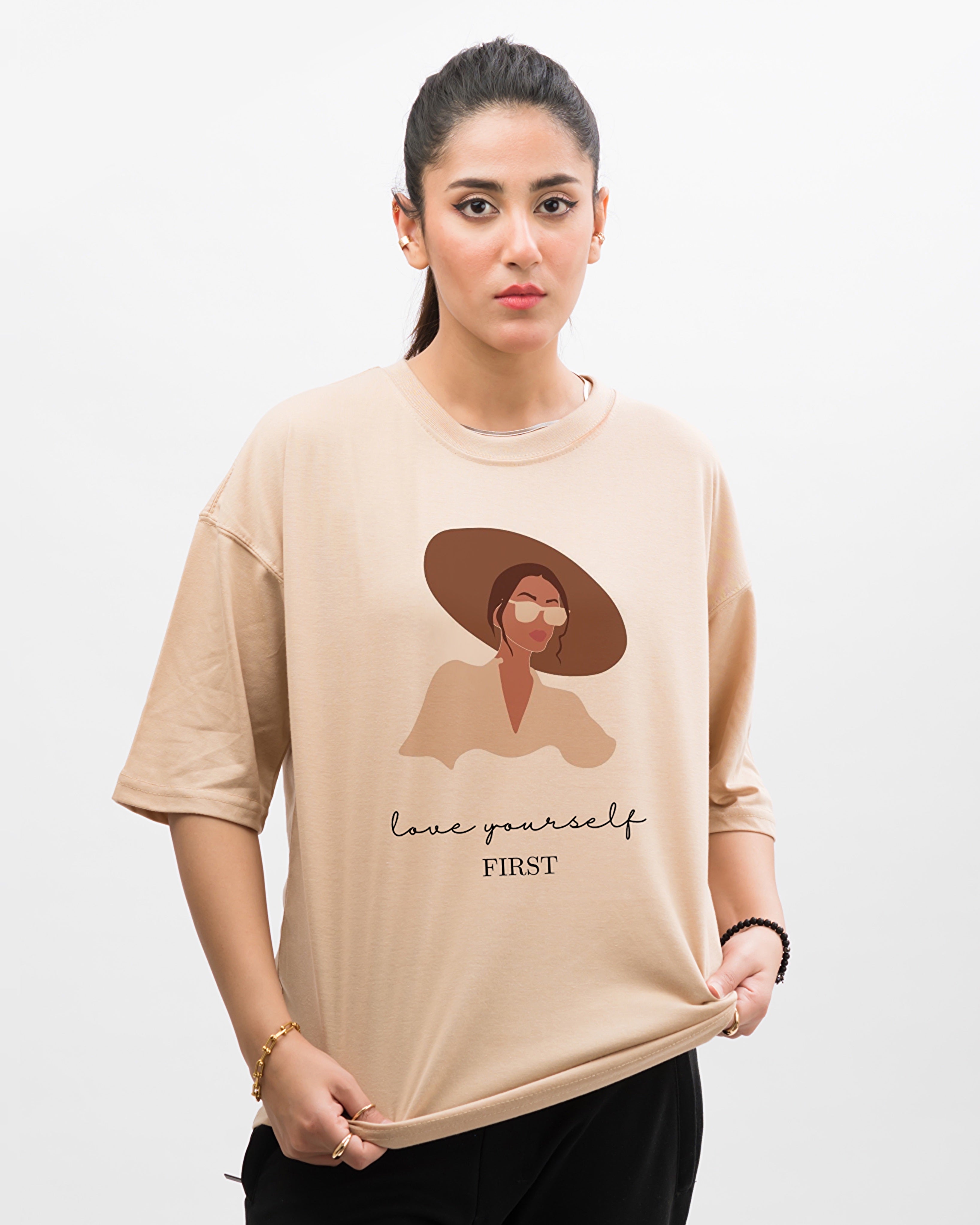 Love Yourself Graphic Drop Shoulder Oversized Tee Beige