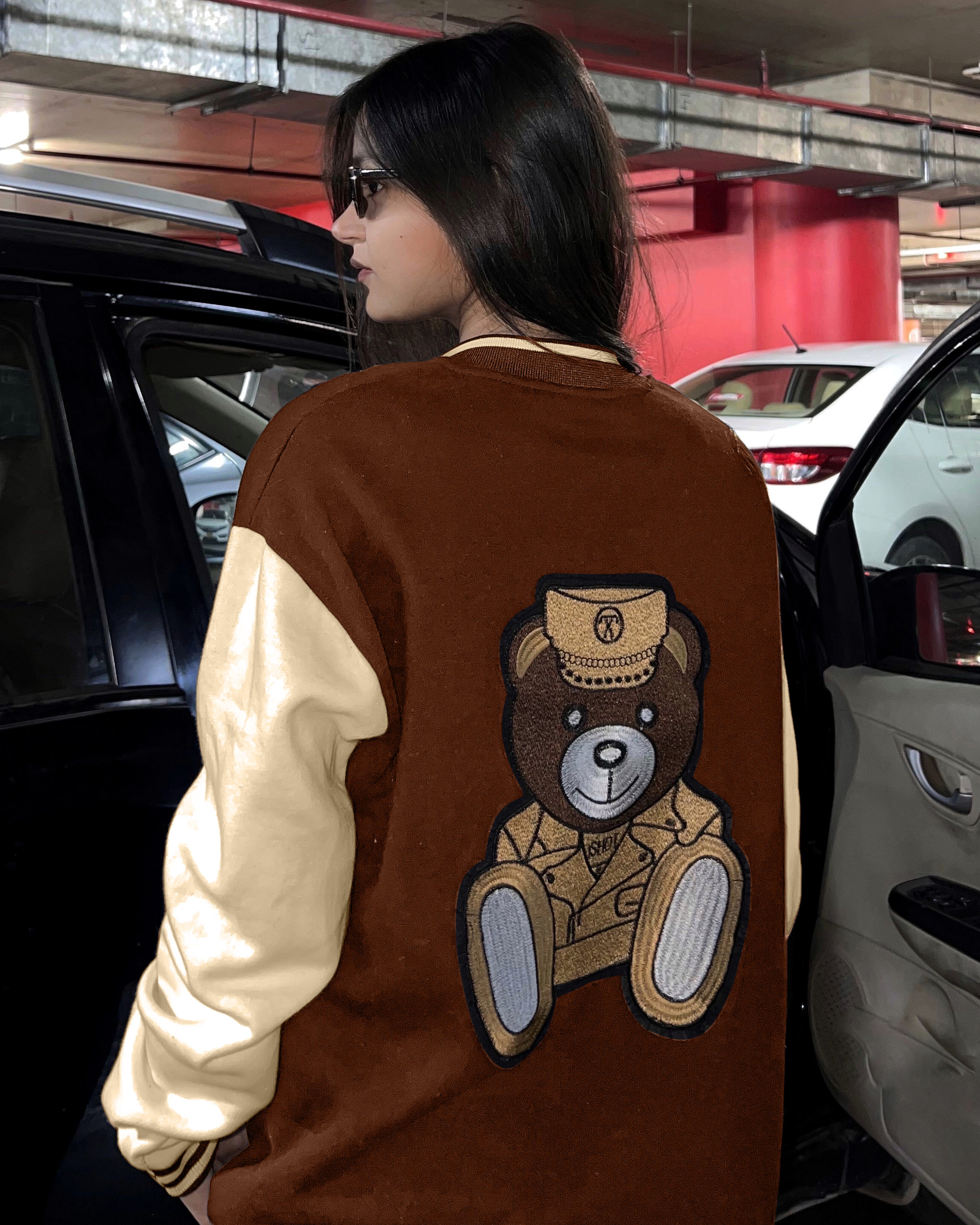 Moschino Bear Patched Button Down Baseball Varsity Bomber Jacket Brownie