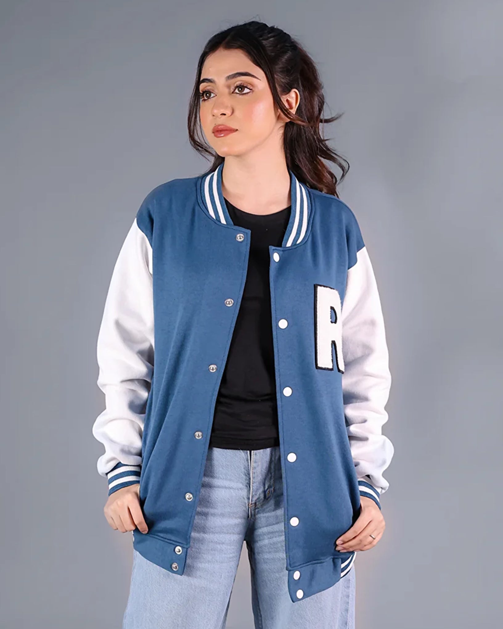 Azure R Patched Button Down Baseball Jacket